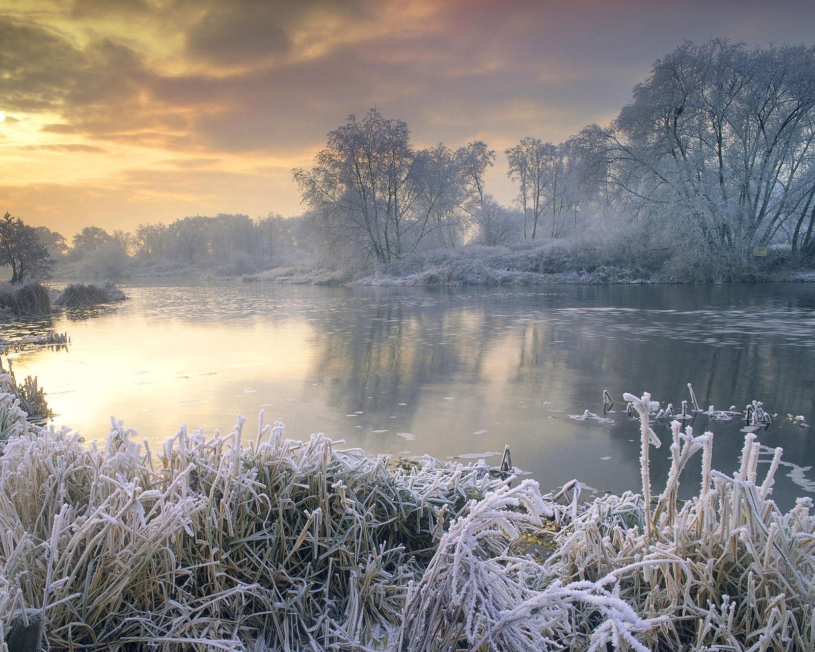 Download mobile wallpaper Winter, Nature, Water, Ice, Lake, Tree, Sunrise, Earth, Frost, England for free.