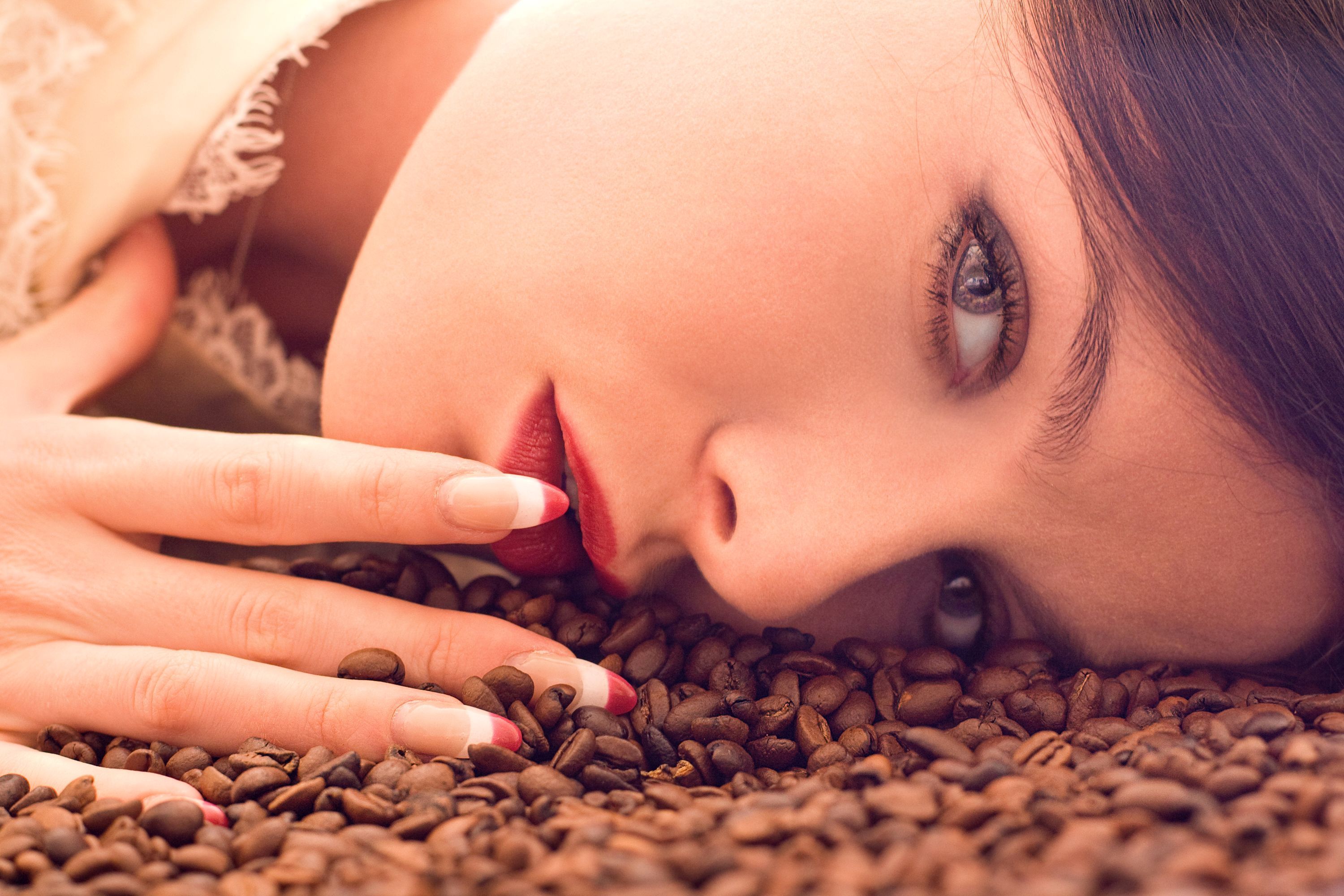 Download mobile wallpaper Coffee, Beautiful, Face, Women, Lips for free.