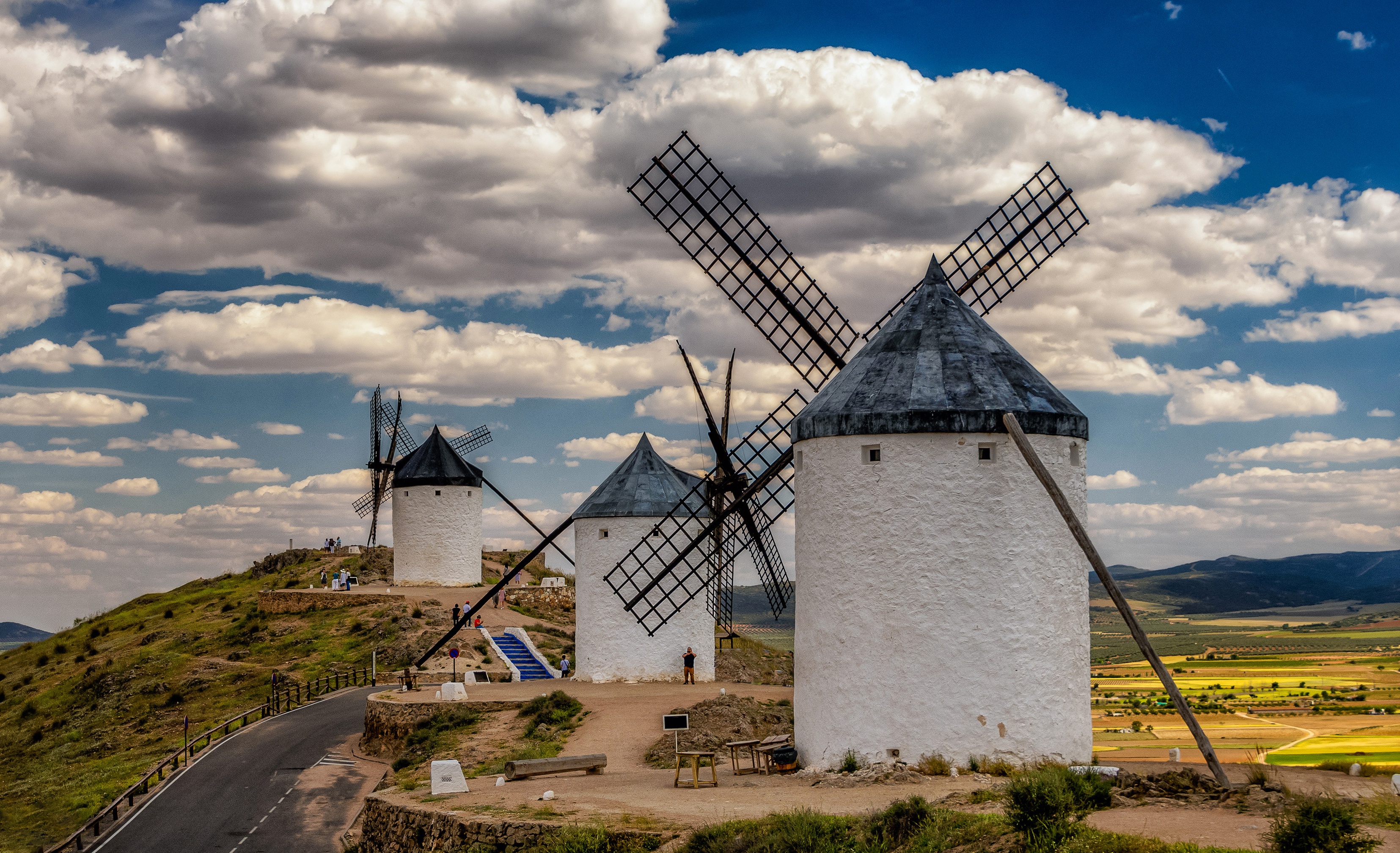 Free download wallpaper Road, Spain, Windmill, Man Made on your PC desktop
