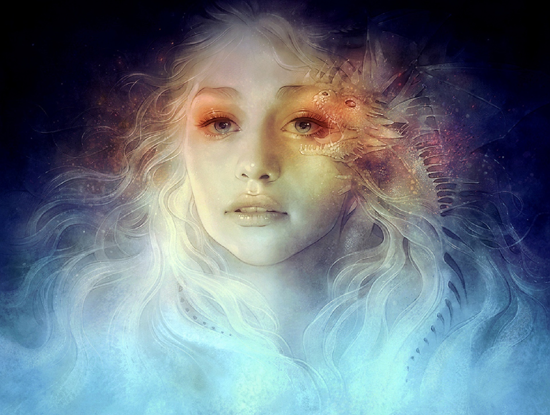 Free download wallpaper Fantasy, Dragon, Blonde, Face, Women, Blue Eyes on your PC desktop