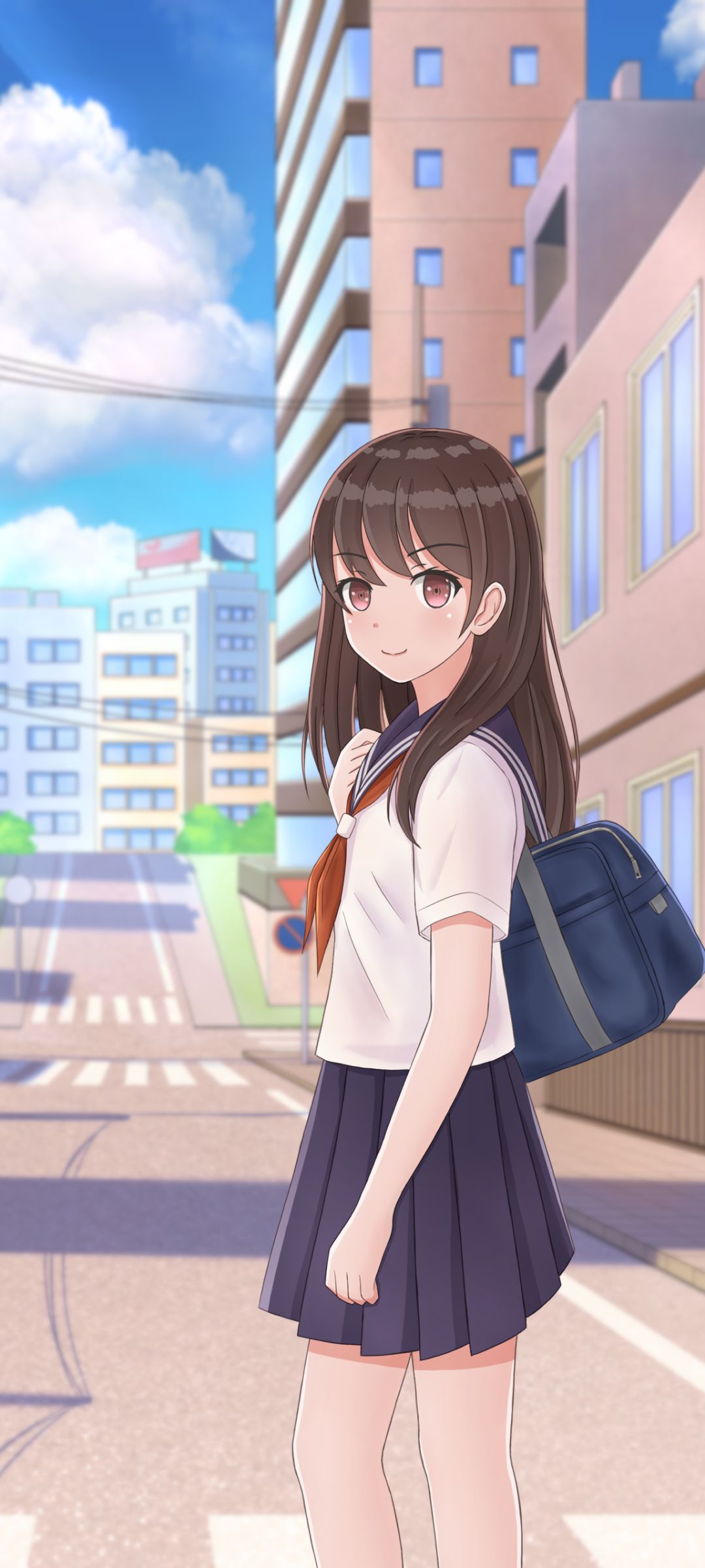 Download mobile wallpaper Anime, Bag, Original, School Uniform, Brown Hair, Pink Eyes for free.