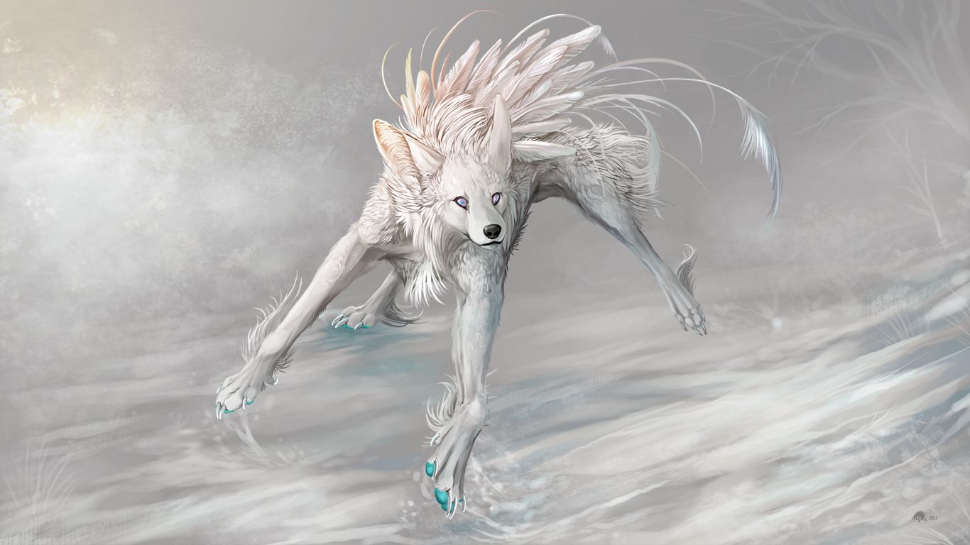 Download mobile wallpaper Fantasy Animals, Wolf, Feather, Fantasy, Dog, Animal for free.