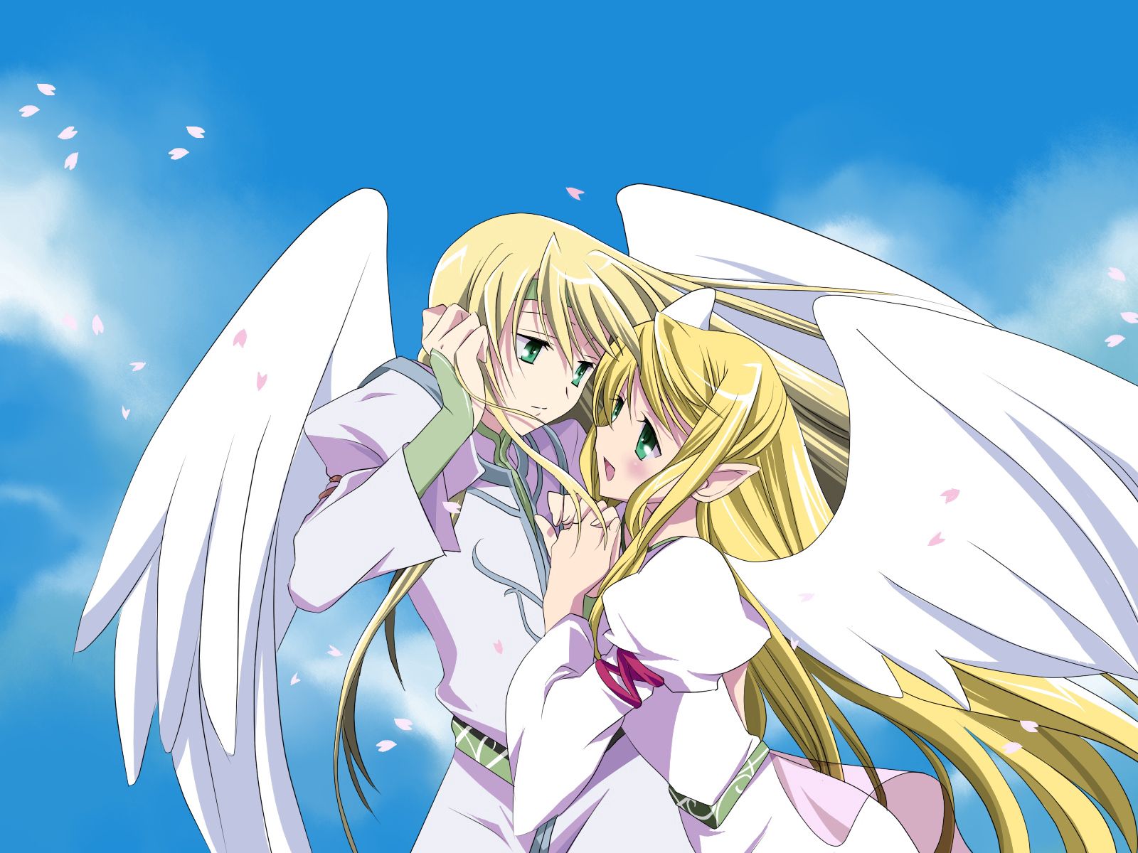 anime, angels, girl, wings, tenderness, guy