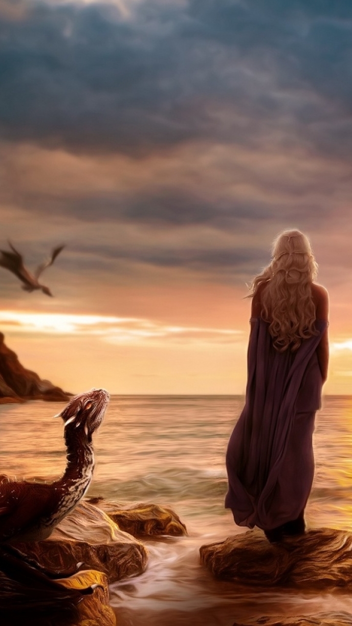 Download mobile wallpaper Sunset, Game Of Thrones, Dragon, Cloud, Tv Show, Seashore for free.