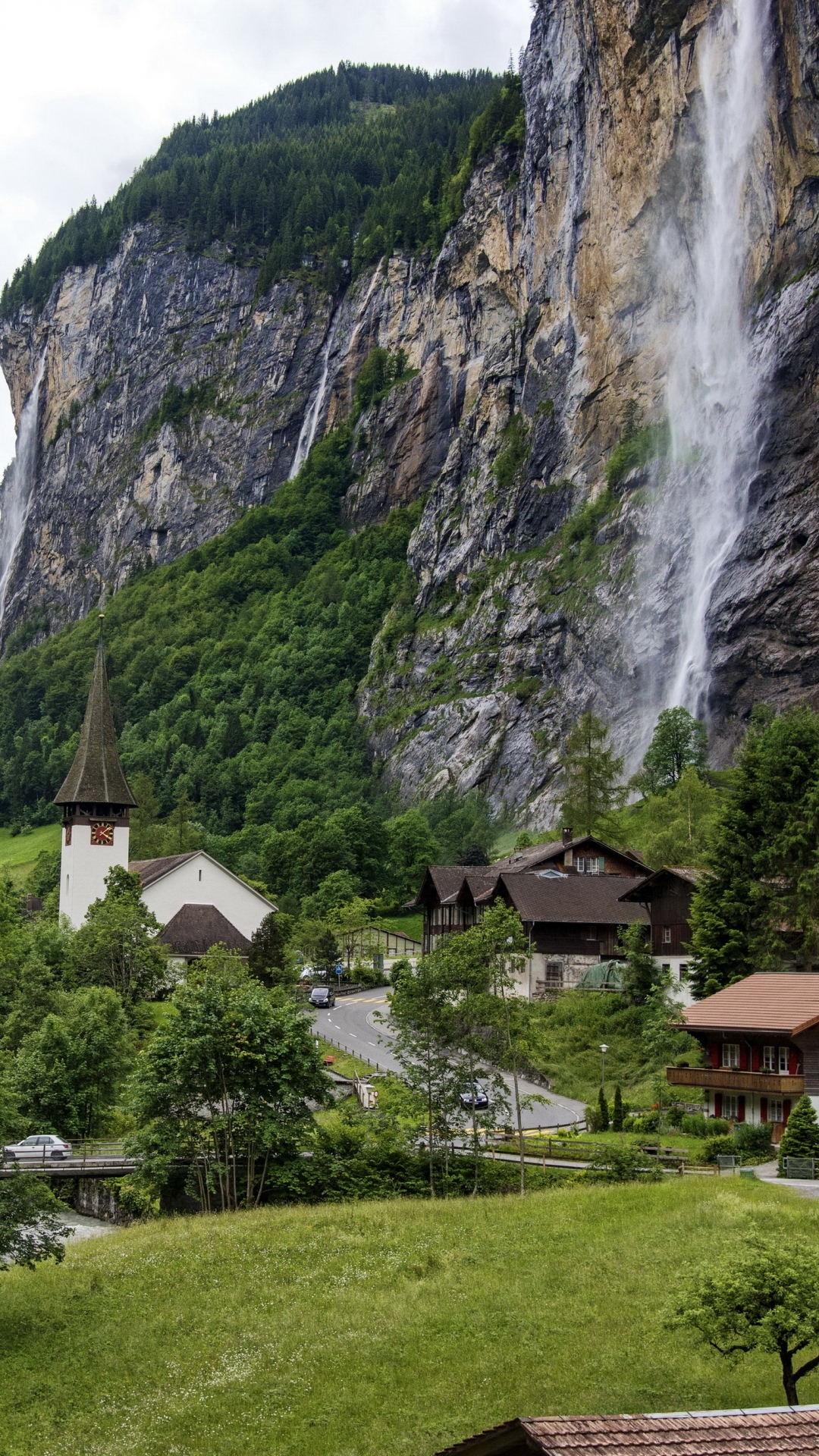 Download mobile wallpaper Mountain, Waterfall, Town, Man Made, Towns for free.