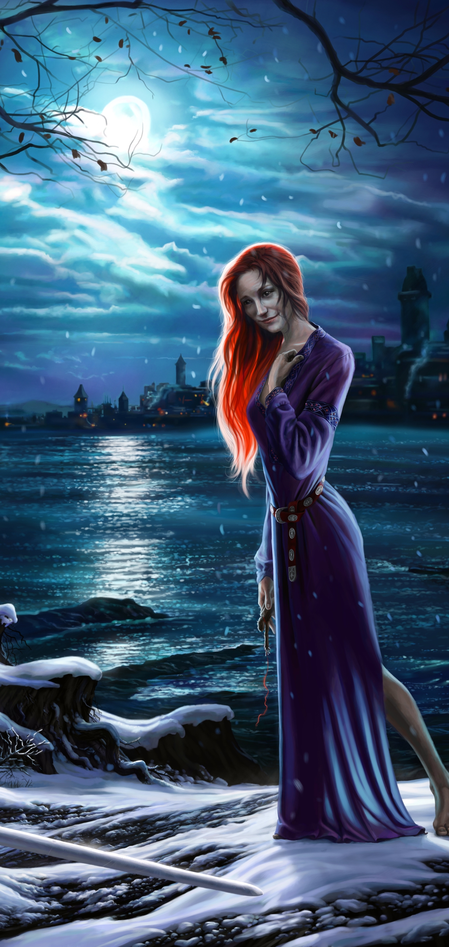 Free download wallpaper Night, Moon, Redhead, Video Game, The Witcher, Purple Dress, The Witcher 3: Wild Hunt on your PC desktop