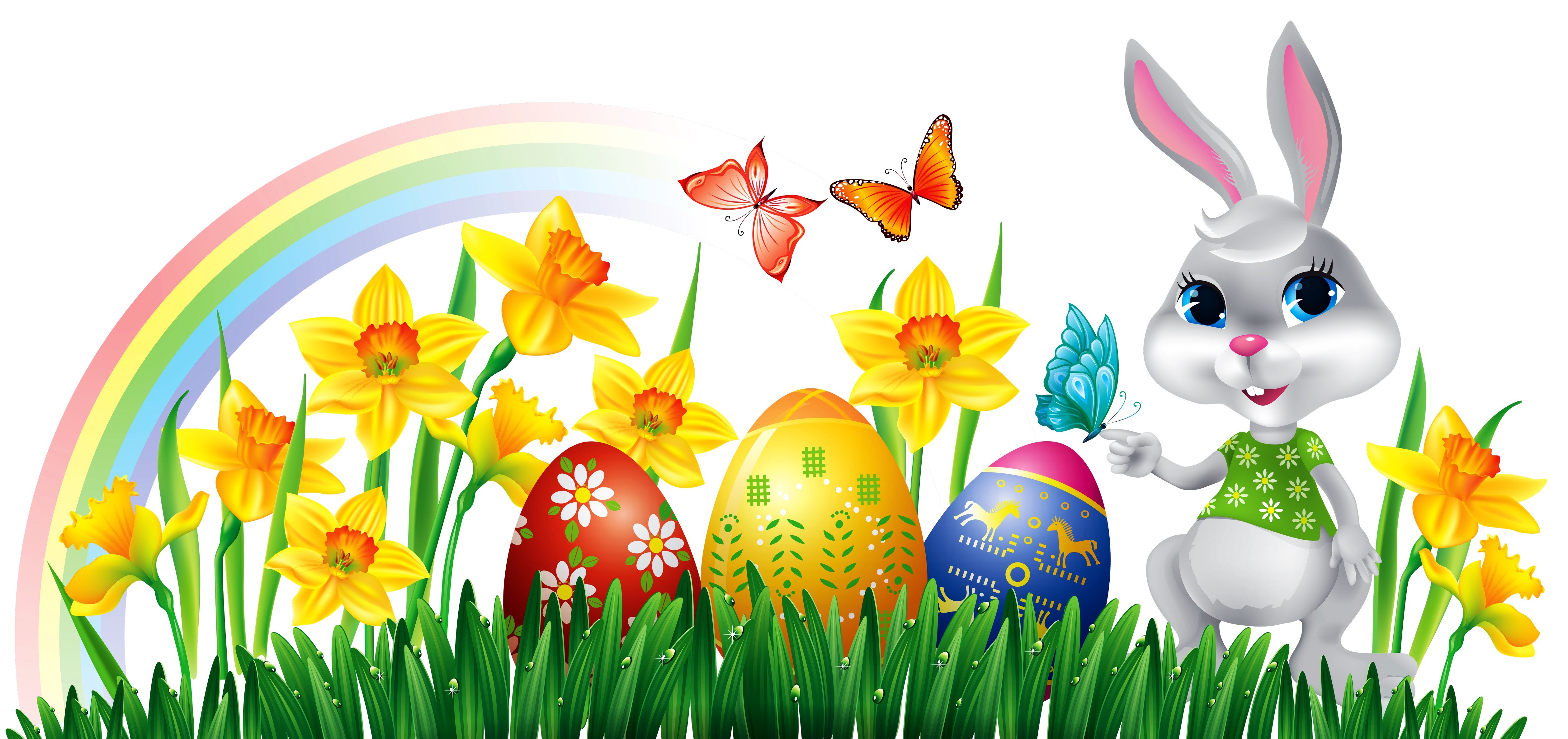 Download mobile wallpaper Grass, Easter, Rainbow, Holiday, Butterfly, Colorful, Bunny, Daffodil, Easter Egg for free.