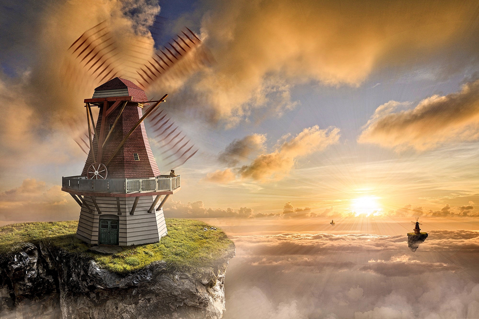 Free download wallpaper Fantasy, Sun, Building, Horizon, Sunrise, Cloud, Windmill, Floating Island on your PC desktop