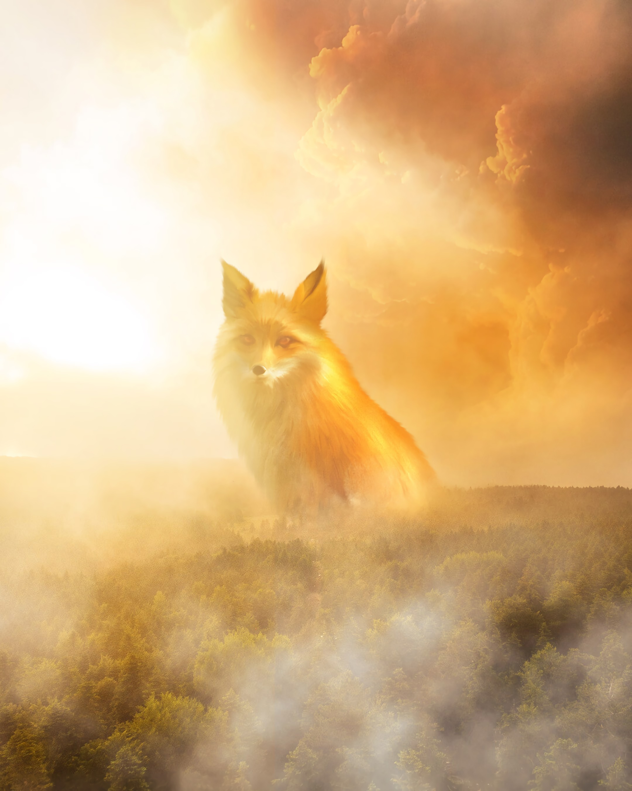 Download mobile wallpaper Fog, Haze, Clouds, Forest, Animals, Fox for free.