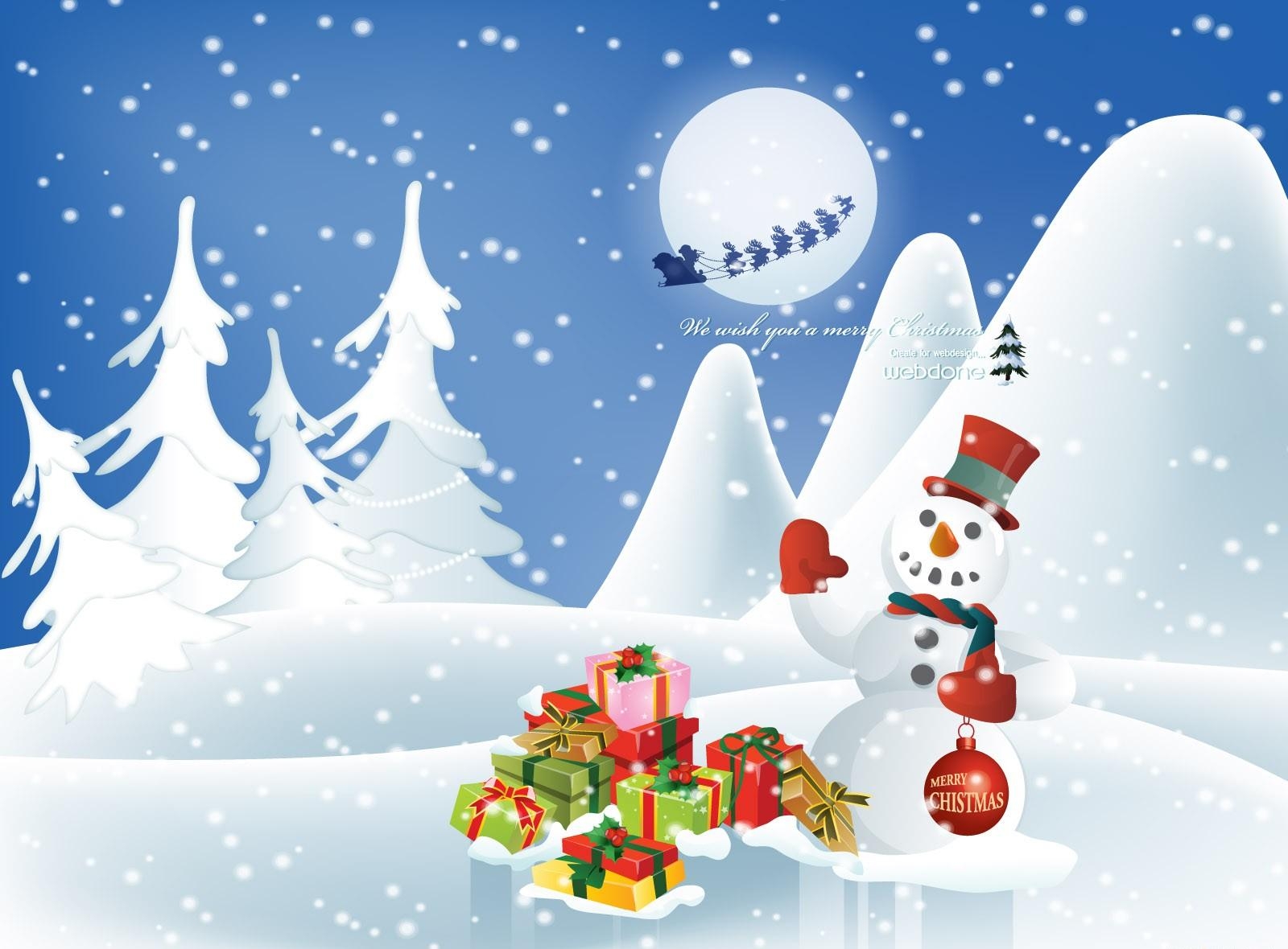 holidays, new year, moon, fir trees, deers, snowman, christmas, flight, inscription, sleigh, sledge, presents, gifts