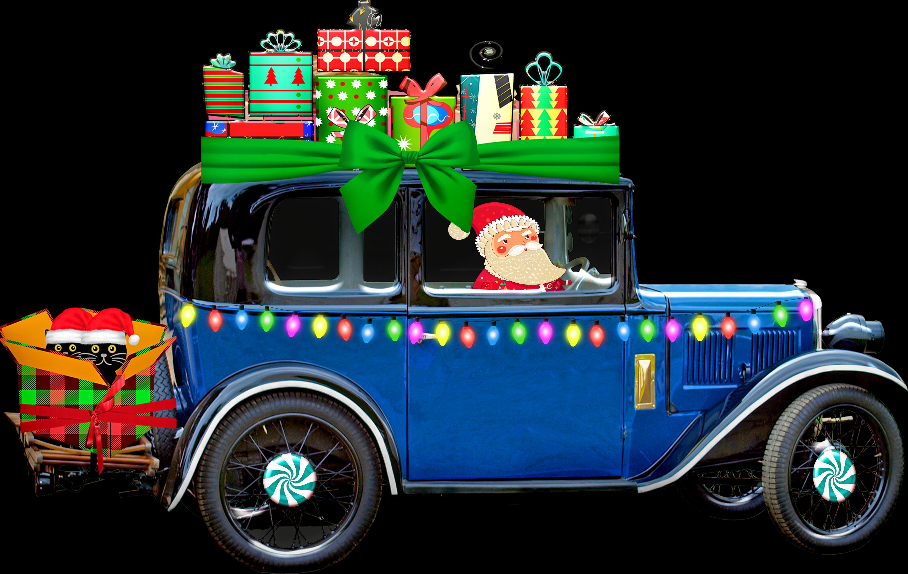 Завантажити шпалери безкоштовно Різдво, Свято, Подарунок, Санта, Класичний Автомобіль картинка на робочий стіл ПК