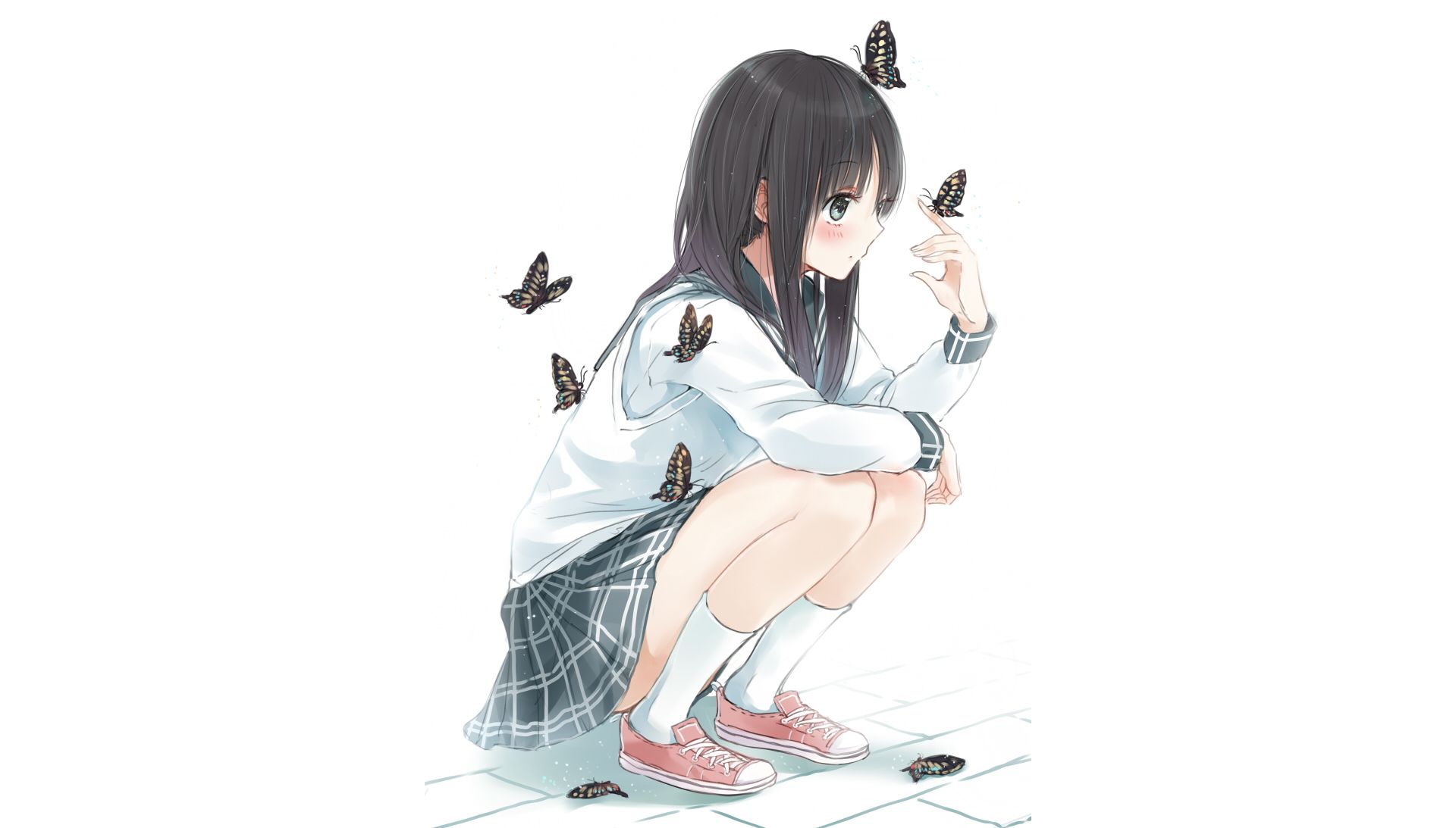 Download mobile wallpaper Anime, Butterfly, Original, School Uniform, Black Hair, Long Hair for free.