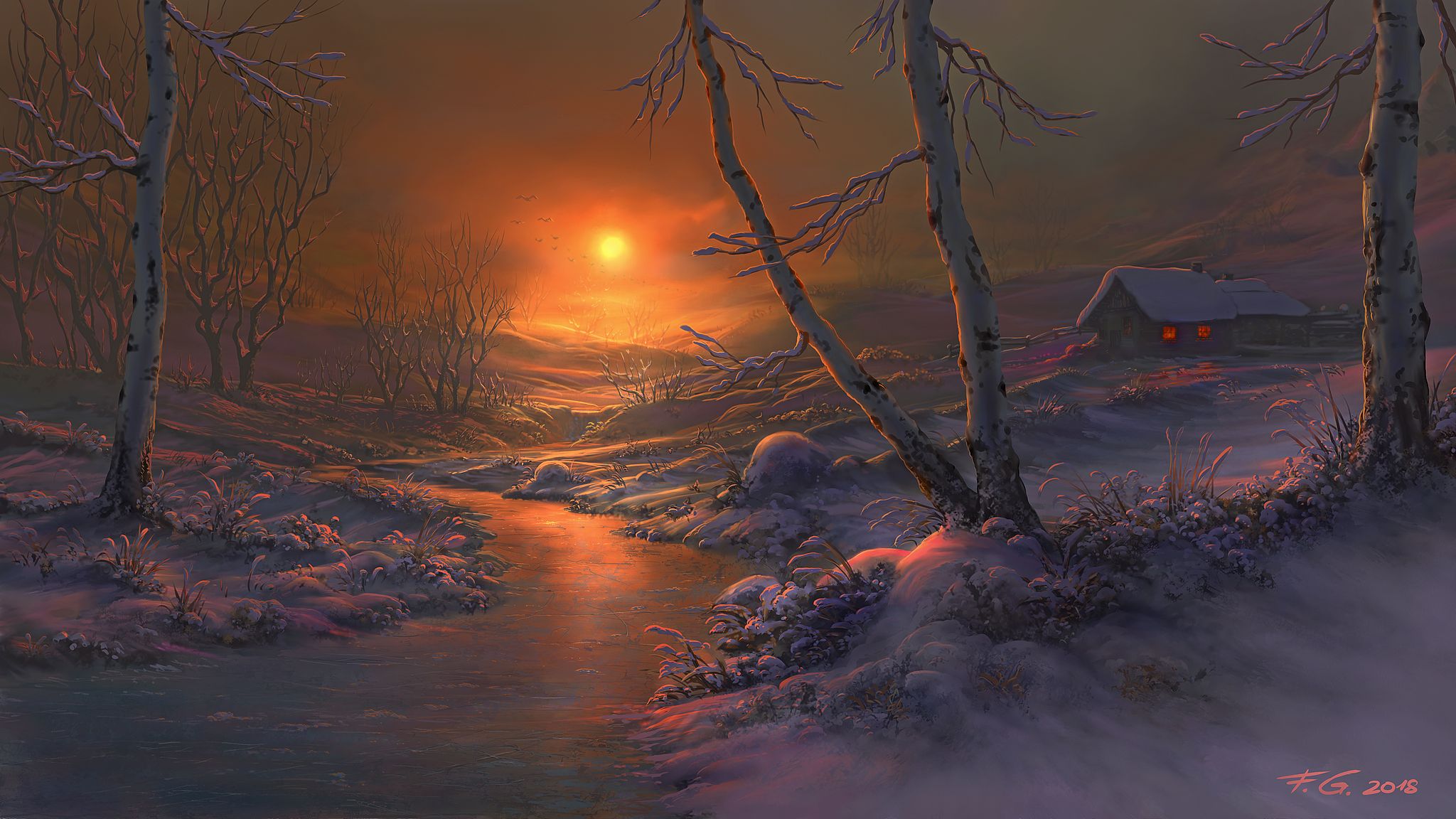 Laden Sie das Landschaft, Winter, Fluss, Nacht, Künstlerisch-Bild kostenlos auf Ihren PC-Desktop herunter