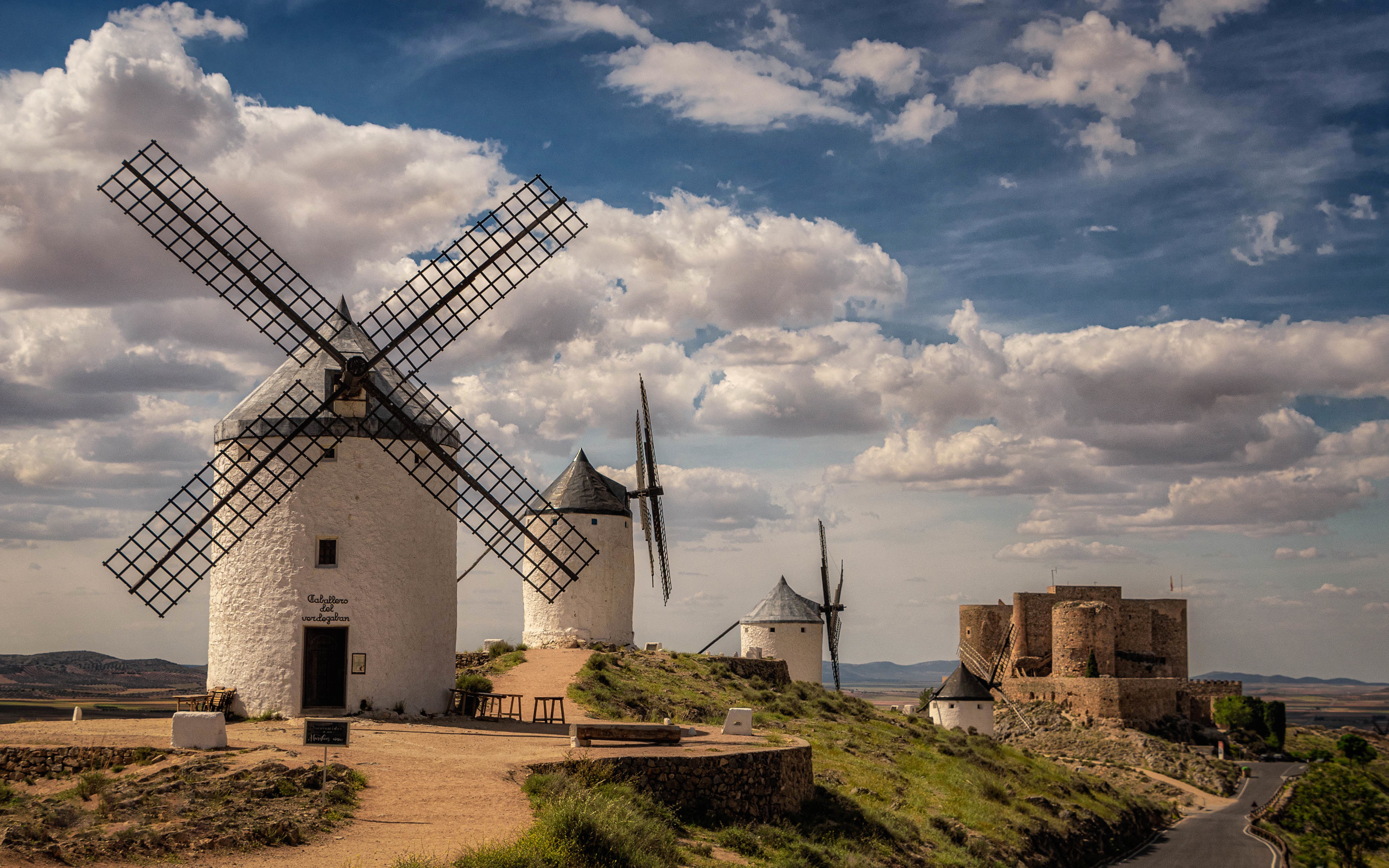 Download mobile wallpaper Spain, Windmill, Man Made, Castle for free.