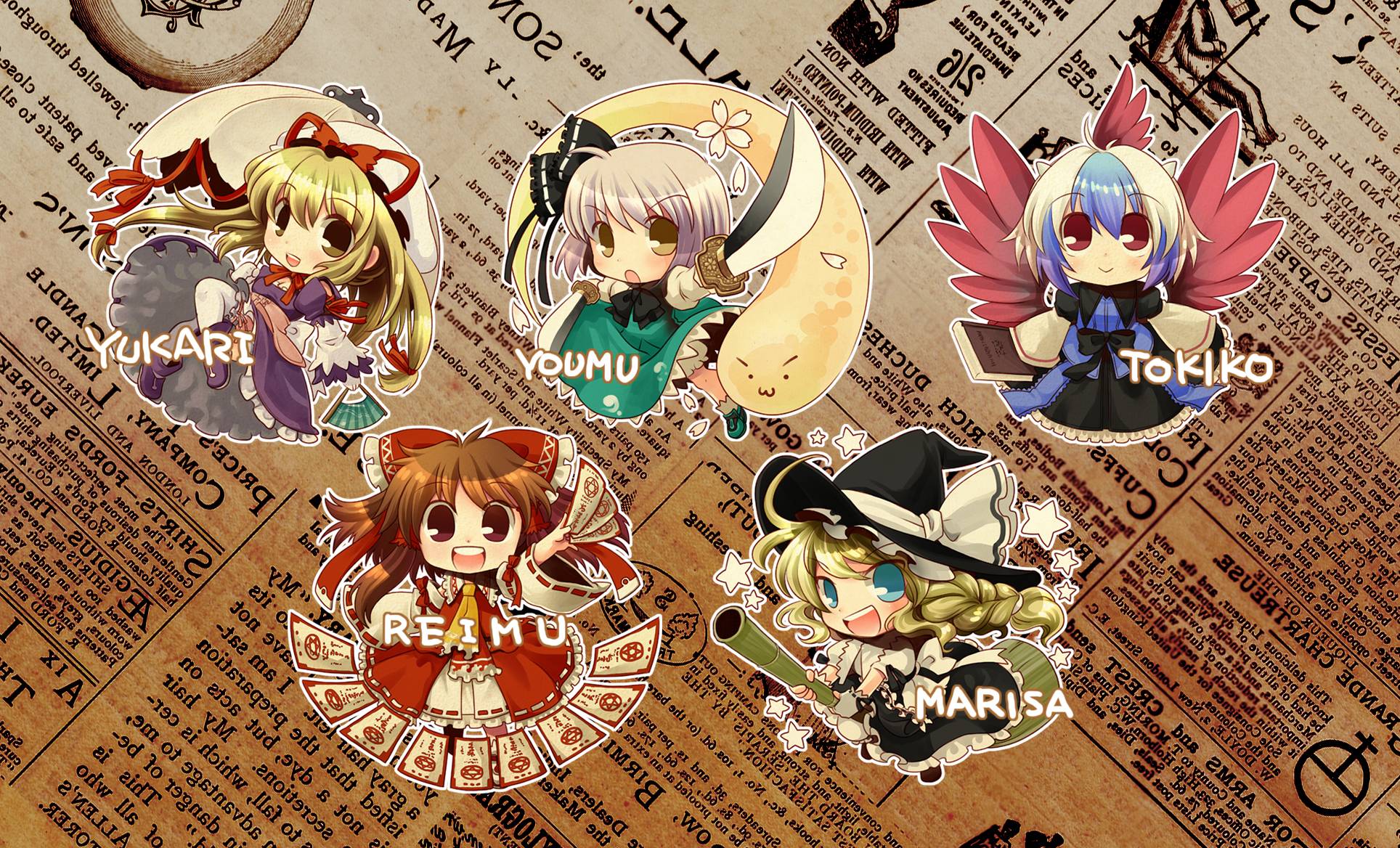 Handy-Wallpaper Animes, Tuhu, Youmu Konpaku, Reimu Hakurei, Yukari Yakumo, Marisa Kirisame, Tokiko (Touhou) kostenlos herunterladen.