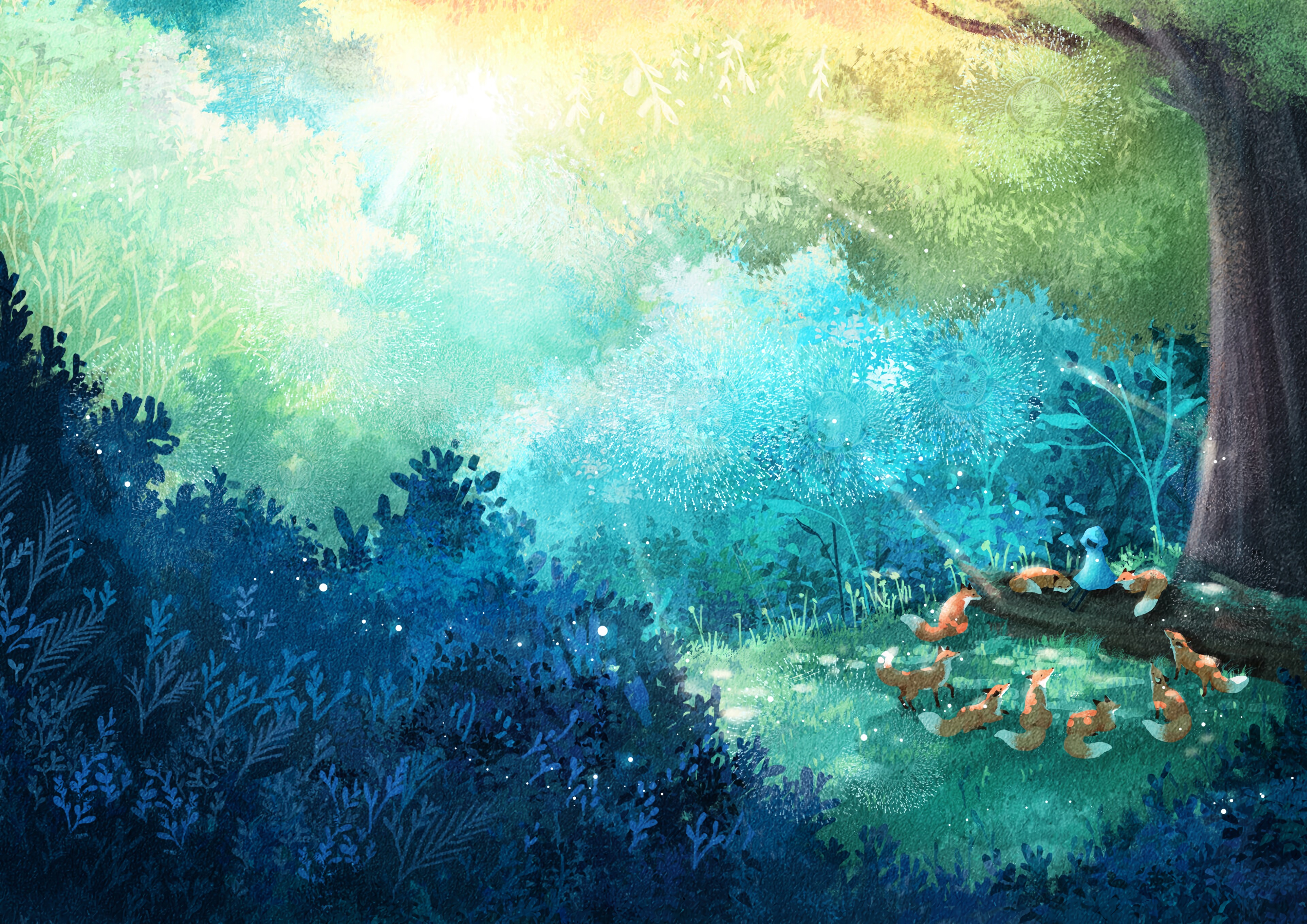 Download mobile wallpaper Forest, Fox, Art, Family for free.