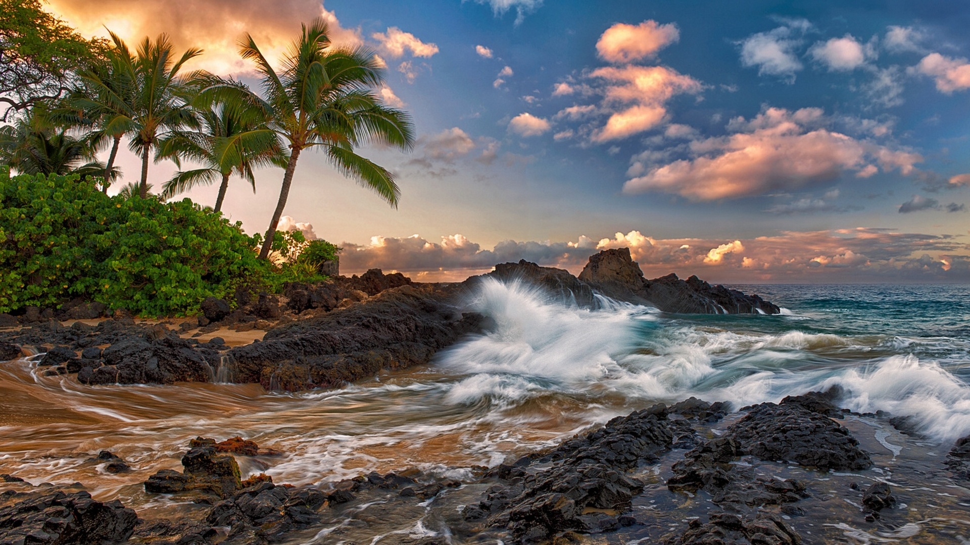 1472827 télécharger le fond d'écran plage, terre/nature, océan, hawaii, horizon, mer, éclaboussure, arbre, vague - économiseurs d'écran et images gratuitement