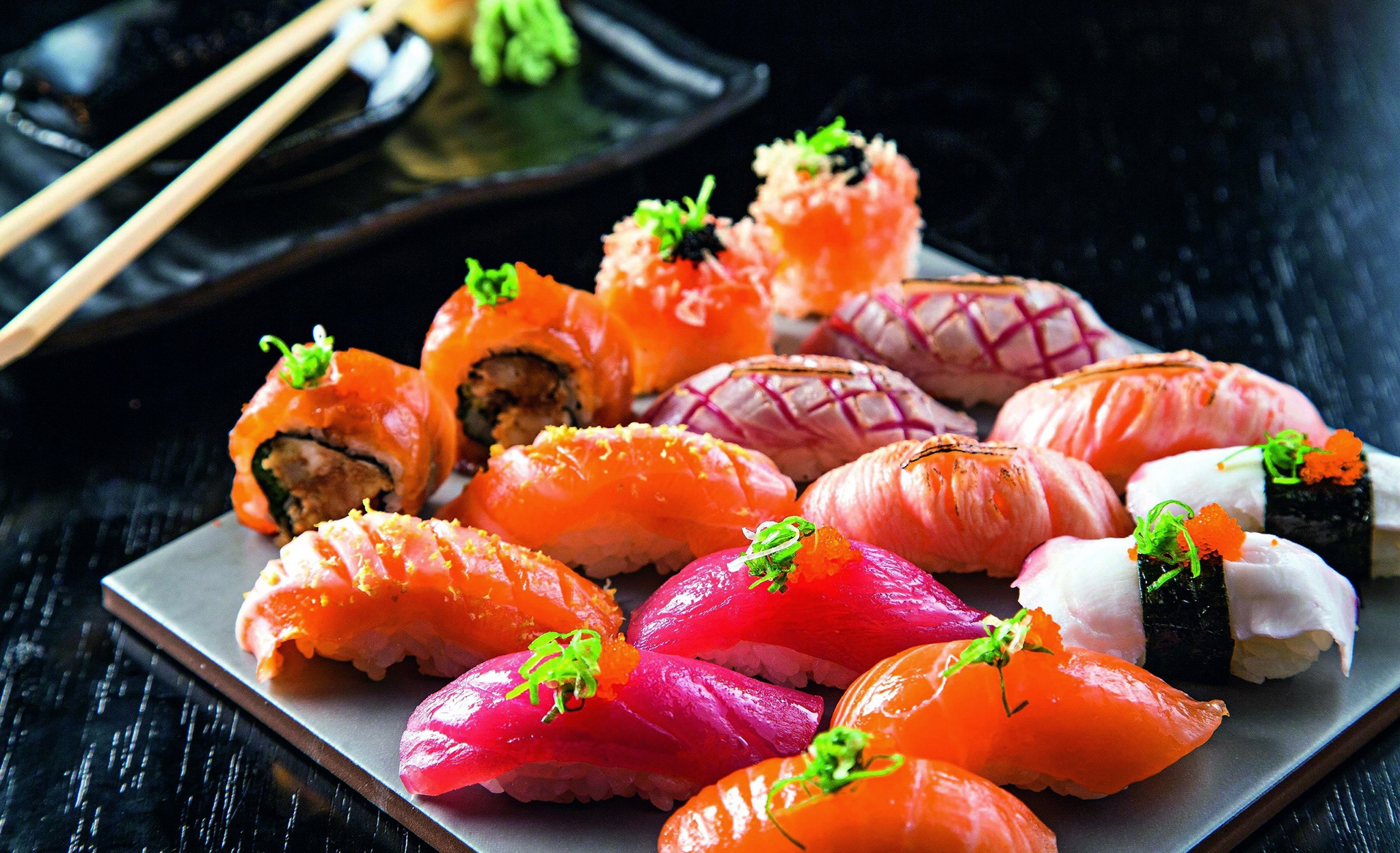 Laden Sie das Sushi, Fisch, Meeresfrüchte, Nahrungsmittel, Stillleben-Bild kostenlos auf Ihren PC-Desktop herunter
