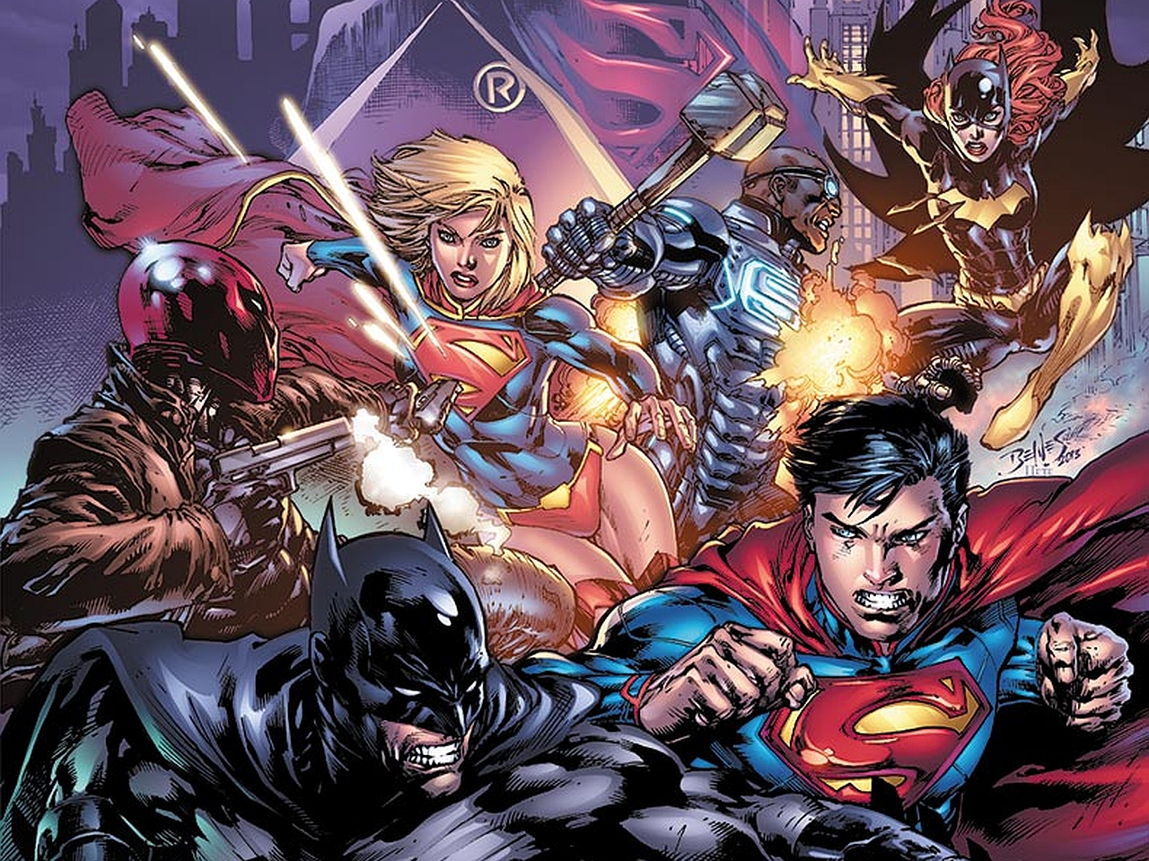 comics, batman/superman, barbara gordon, batgirl, batman, dc comics, jason todd, red hood, steel (dc comics), supergirl, superman