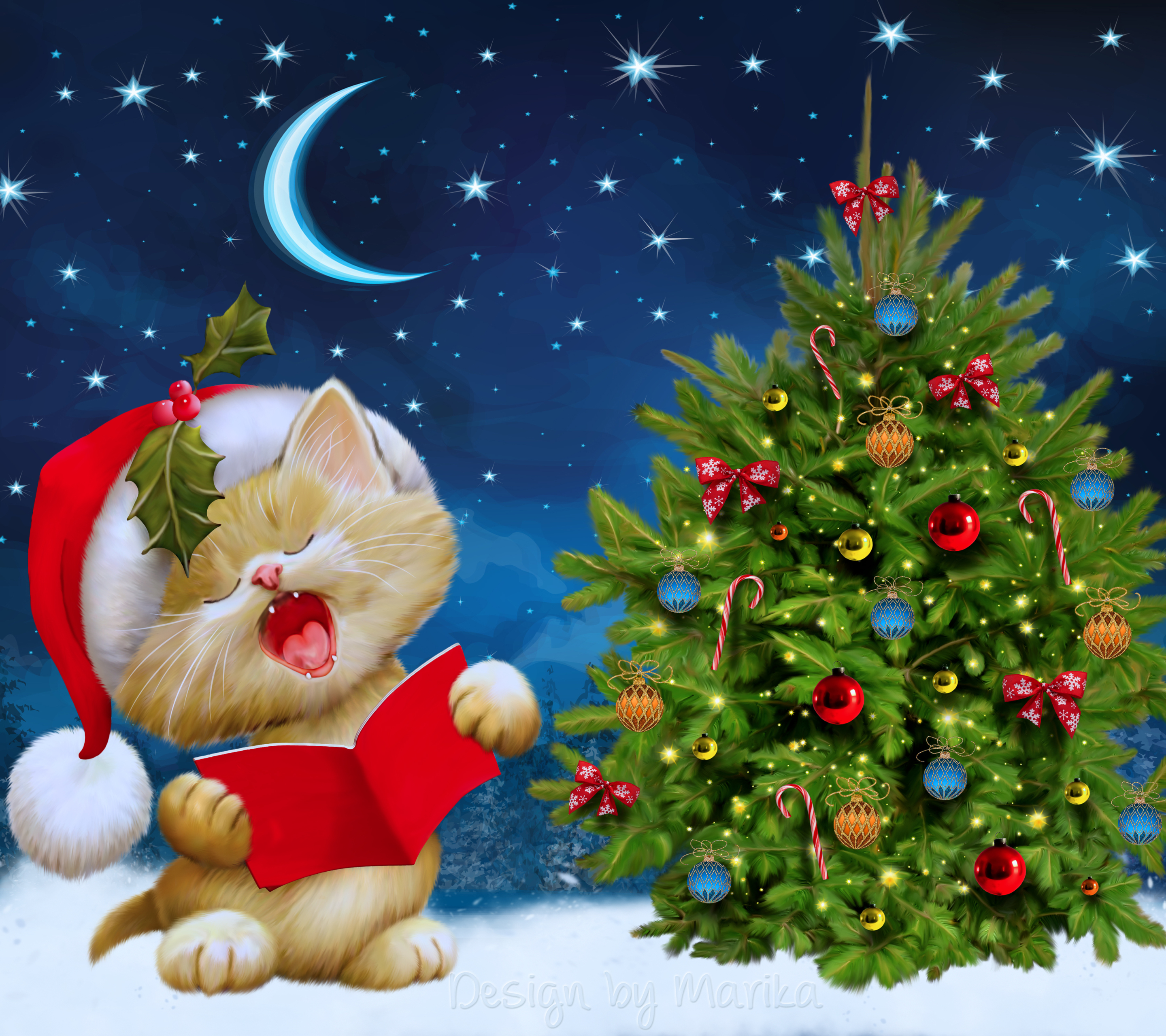 Скачати мобільні шпалери Різдво, Кішка, Свято, Різдвяна Ялинка, Різдвяні Прикраси, Капелюх Діда Мороза безкоштовно.