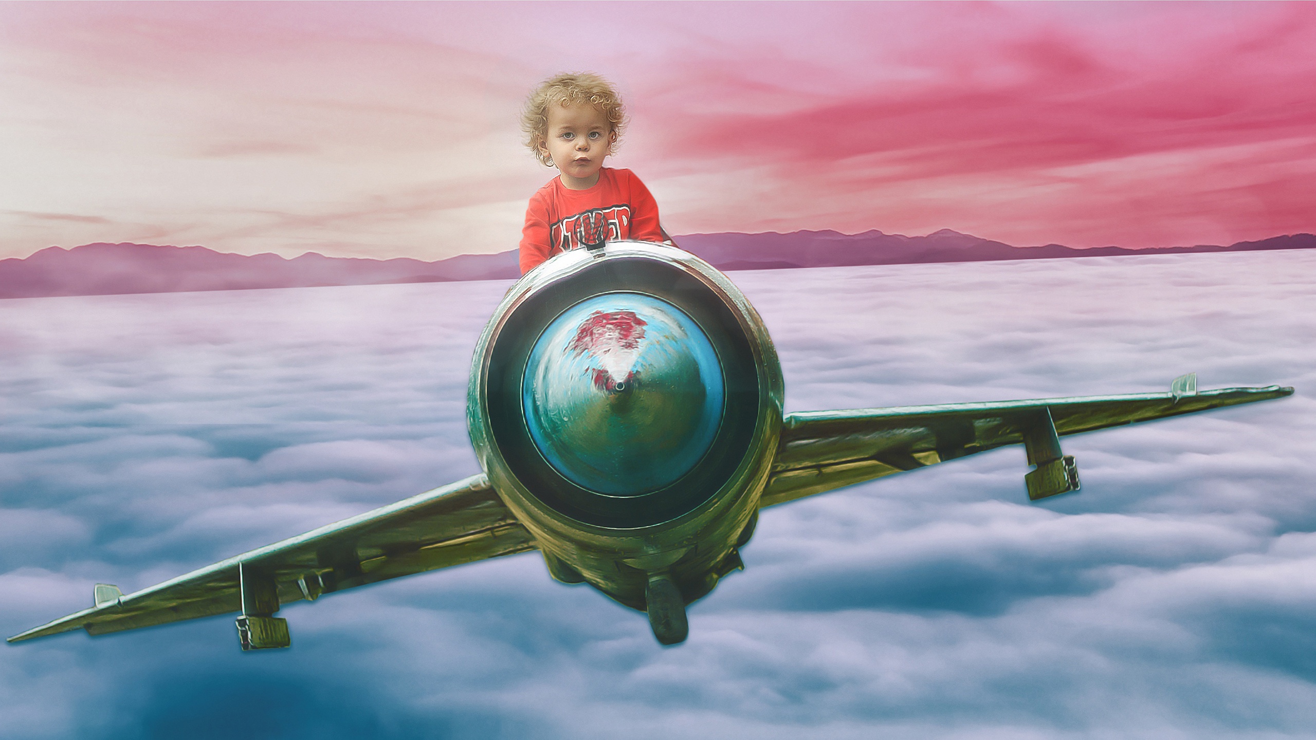 Download mobile wallpaper Sky, Flight, Airplane, Child, Photography, Manipulation for free.