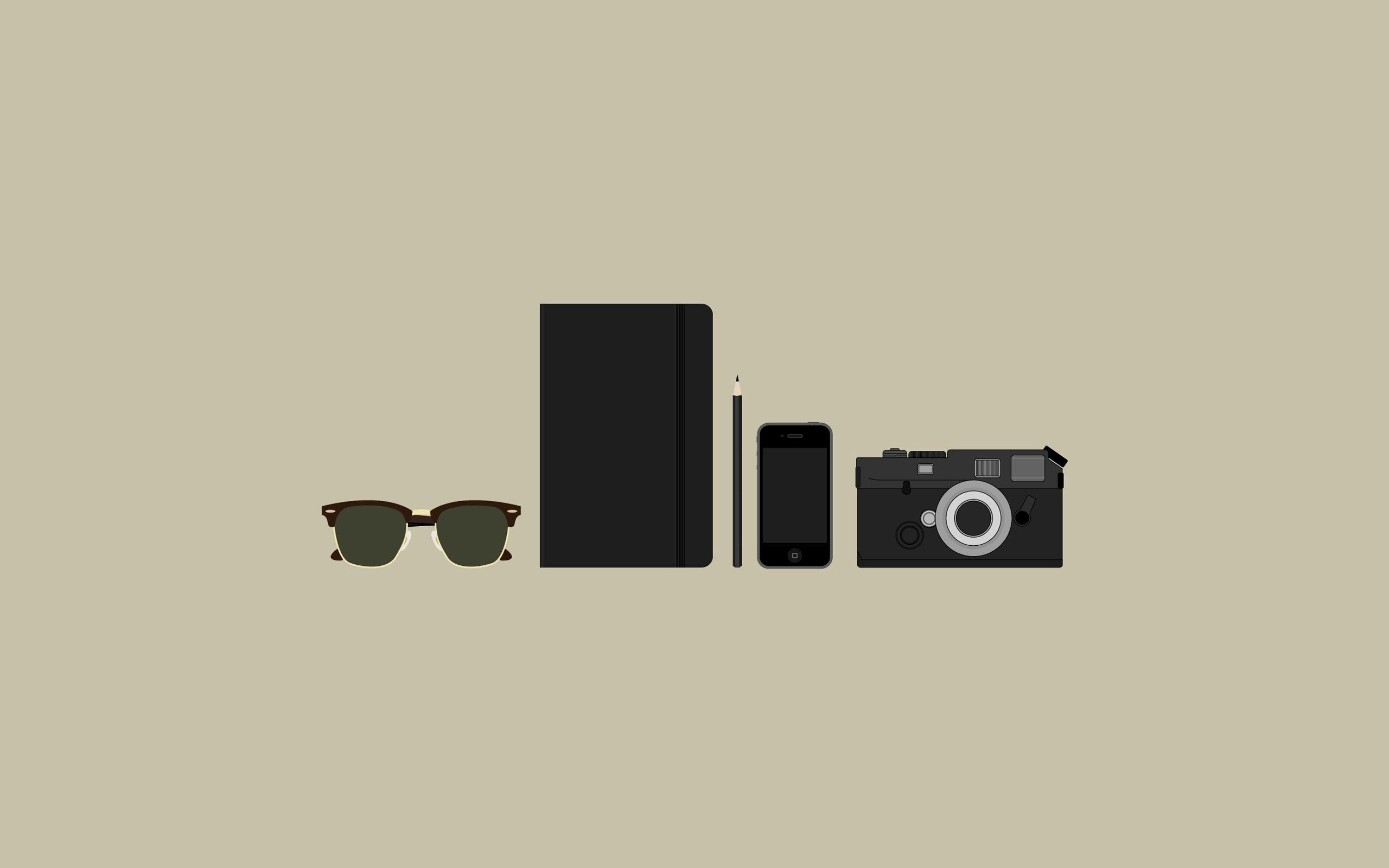 minimalism, camera, glasses, spectacles, telephone, purse, items