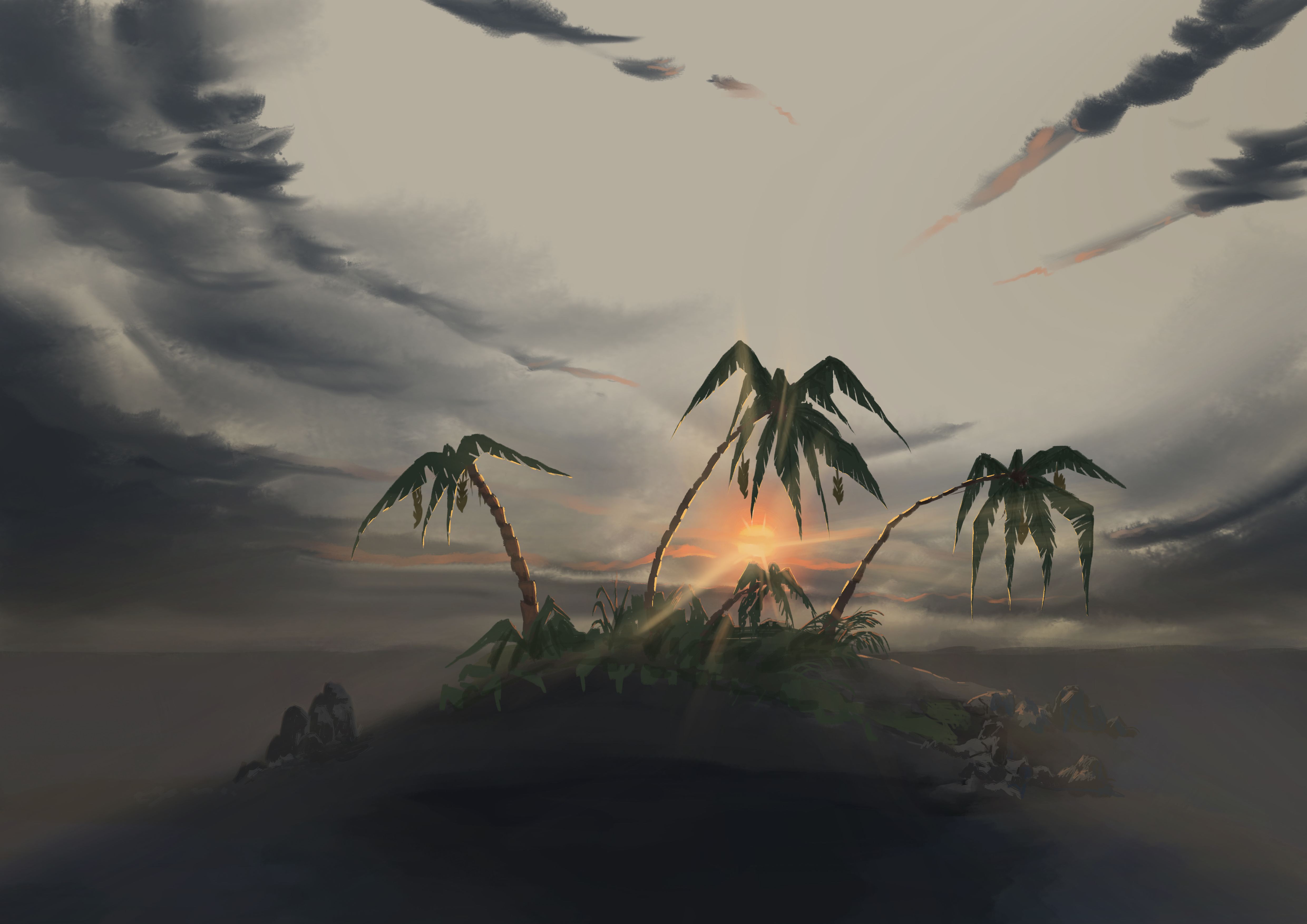 Laden Sie das Sunset, Kunst, Die Insel, Landschaft, Palms, Insel-Bild kostenlos auf Ihren PC-Desktop herunter