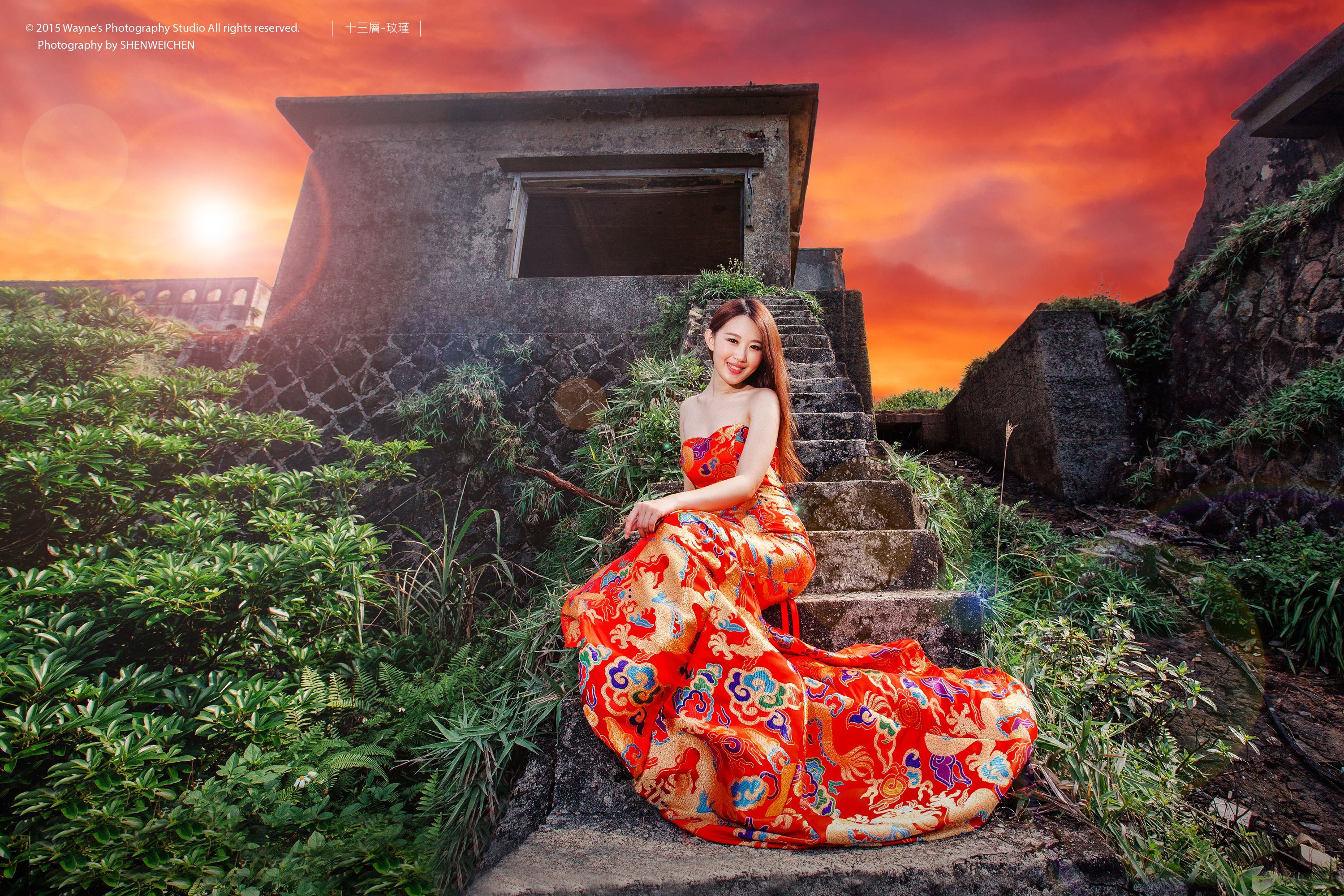 Download mobile wallpaper Sunset, Dress, Ruin, Model, Women, Asian for free.