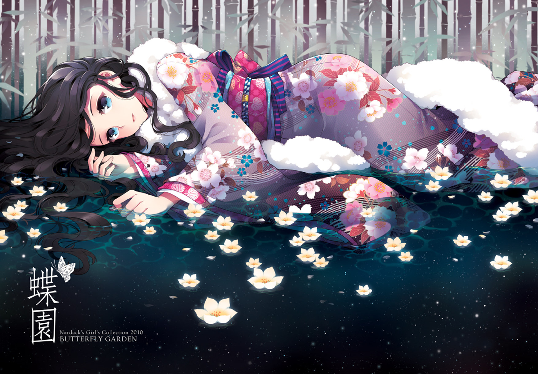 Download mobile wallpaper Anime, Water, Flower, Kimono, Blue Eyes, Original, Black Hair, Long Hair for free.