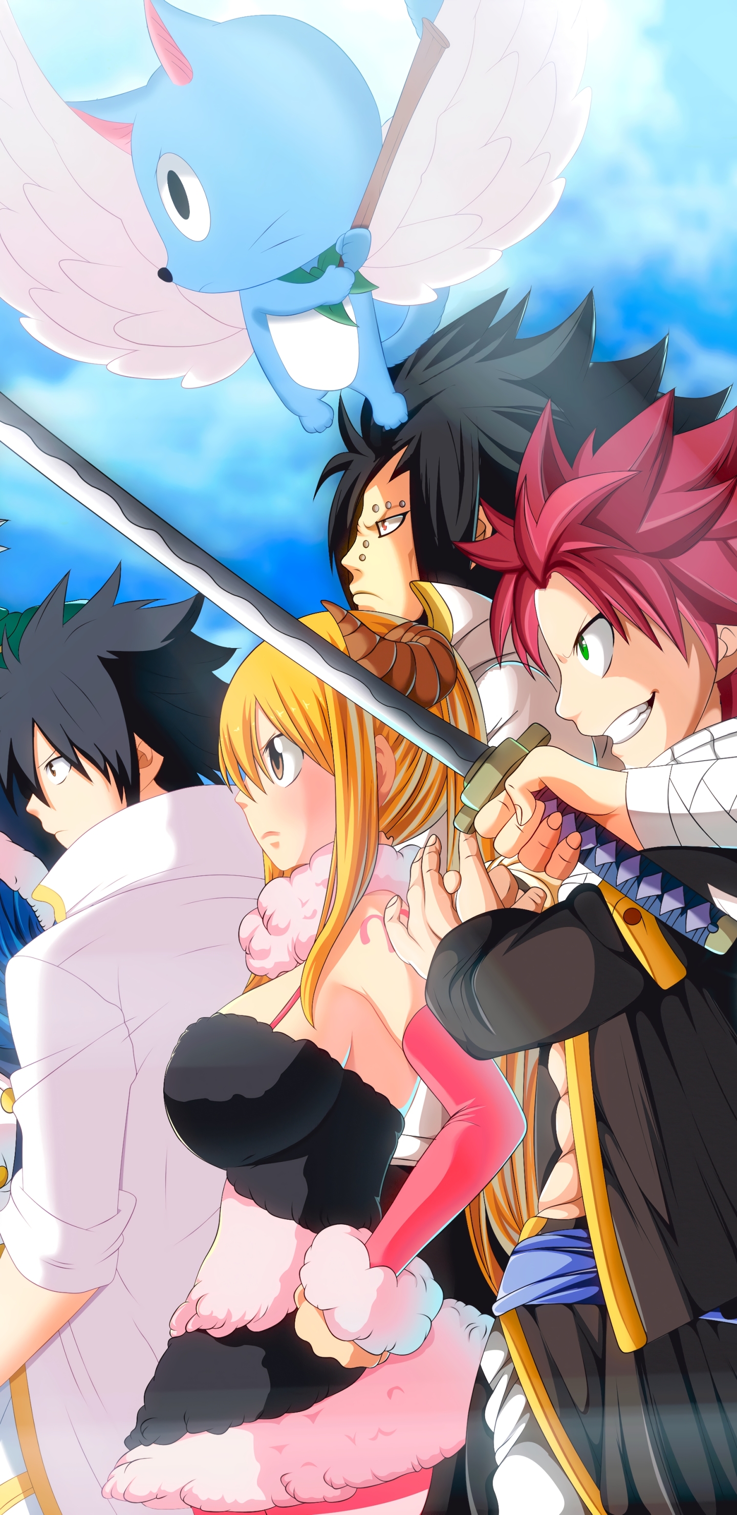 Download mobile wallpaper Anime, Fairy Tail, Lucy Heartfilia, Natsu Dragneel, Happy (Fairy Tail), Gajeel Redfox for free.