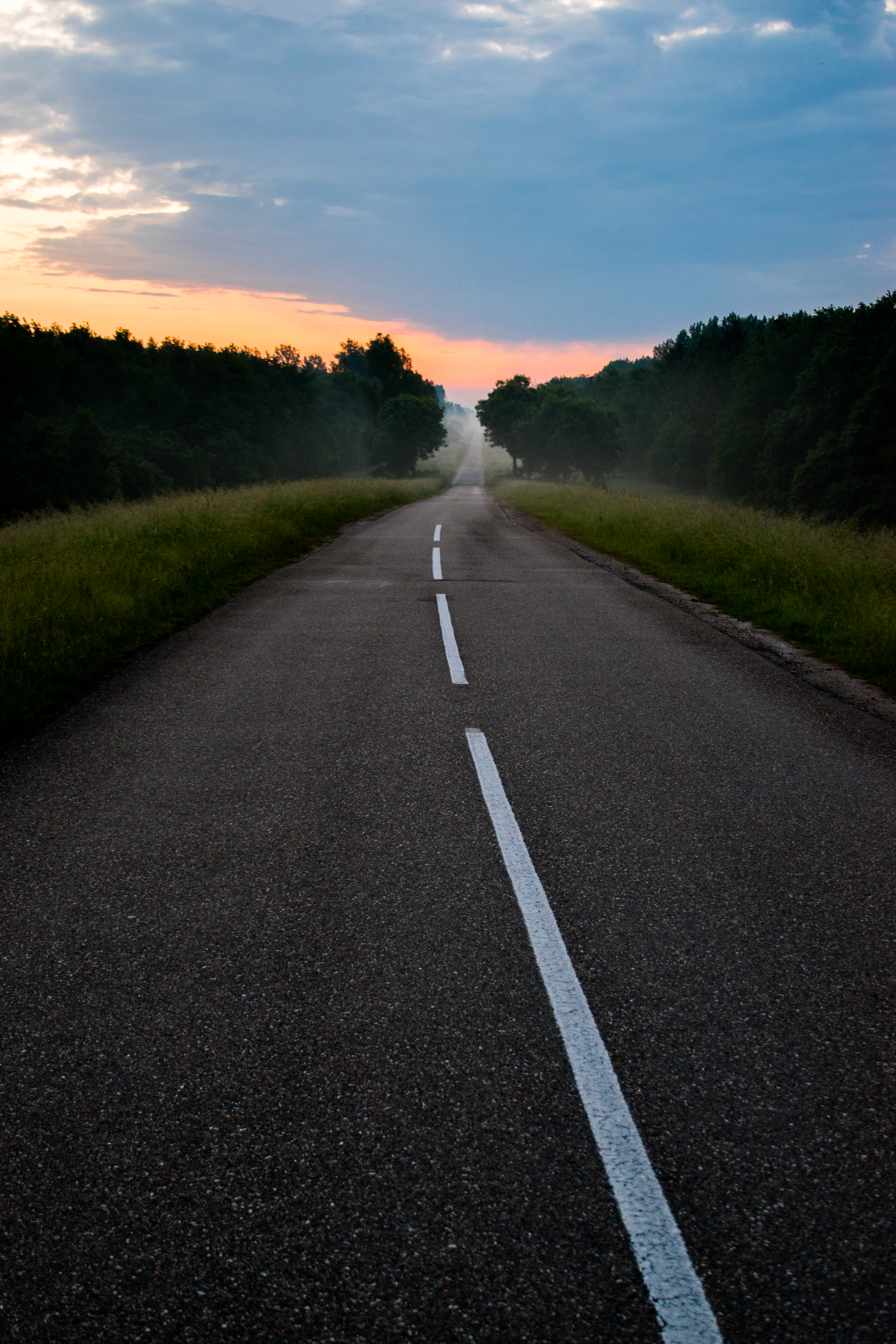 Download mobile wallpaper Markup, Fog, Road, Nature, Dawn for free.