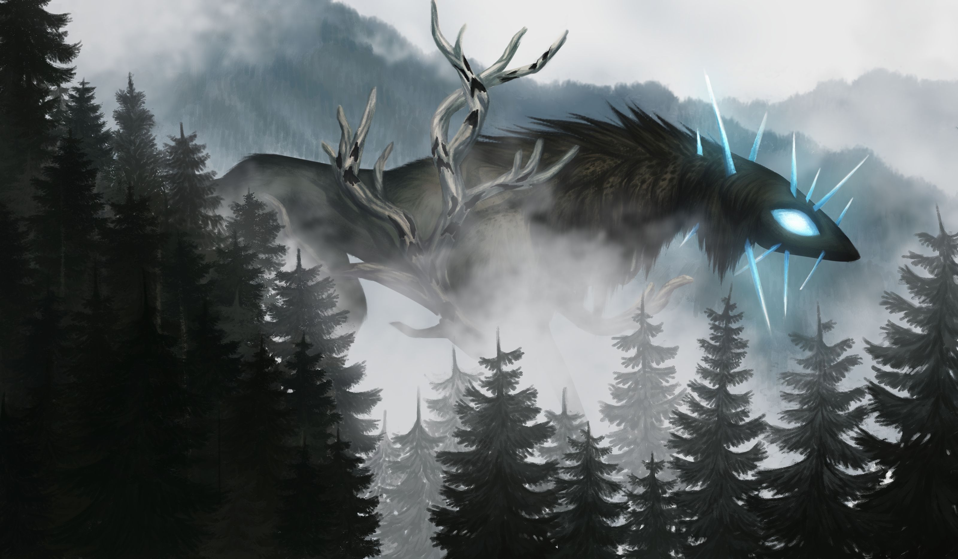 Laden Sie das Fantasie, Wald, Nebel, Kreatur, Gigant-Bild kostenlos auf Ihren PC-Desktop herunter