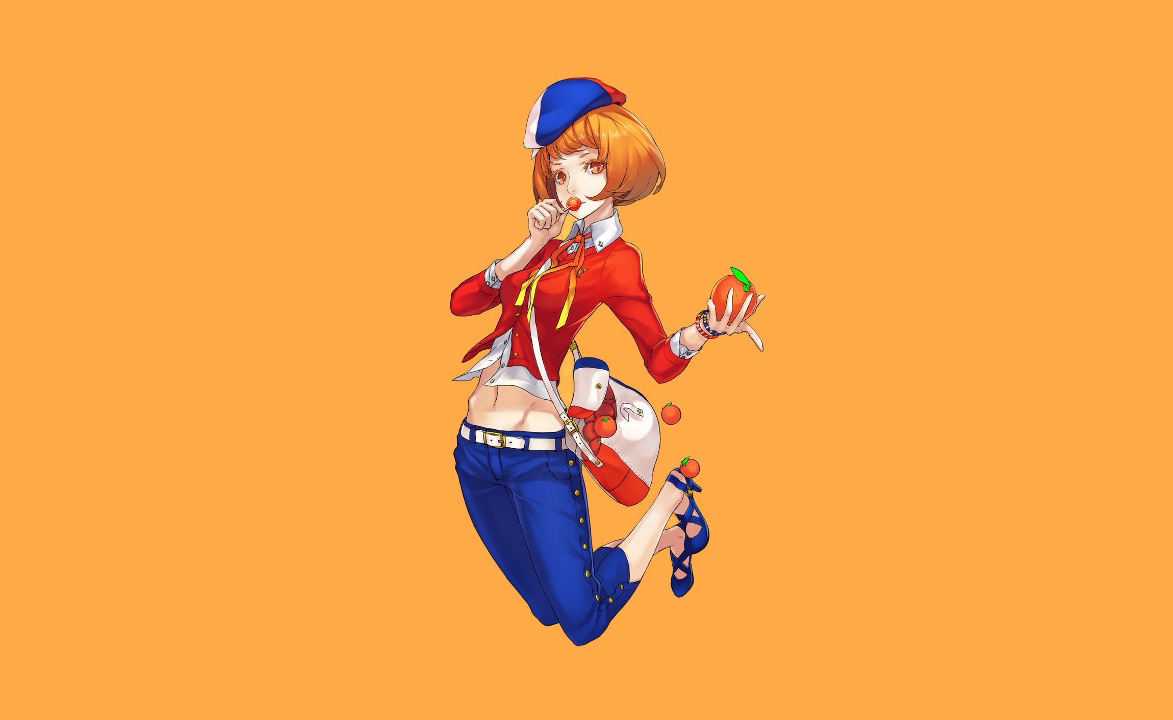 Free download wallpaper Anime, Cap, Bag, Lollipop, Original, Short Hair, Orange Hair, Orange (Fruit), Orange Eyes on your PC desktop