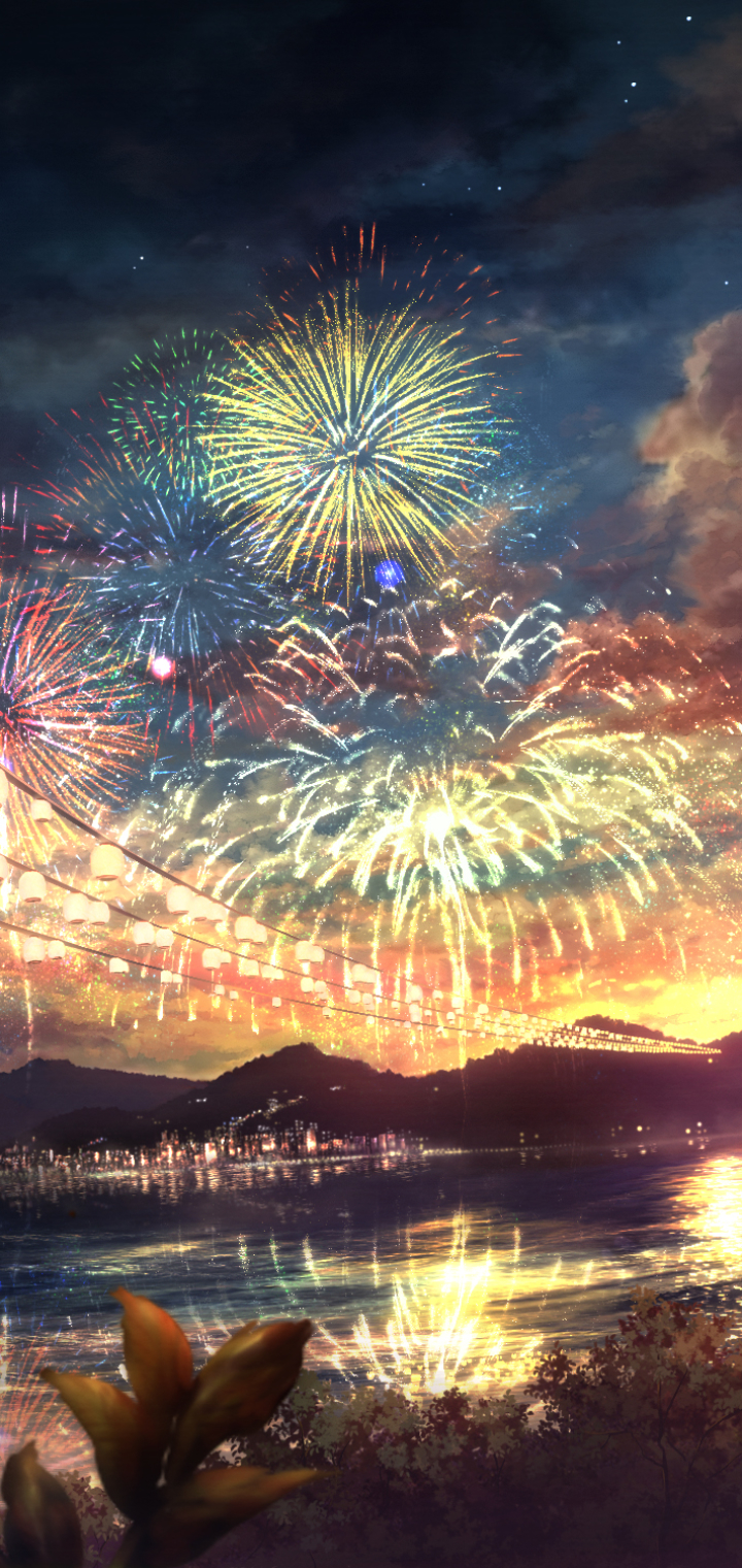 Download mobile wallpaper Anime, Sunset, Lake, Reflection, Colorful, Fireworks, Festival for free.