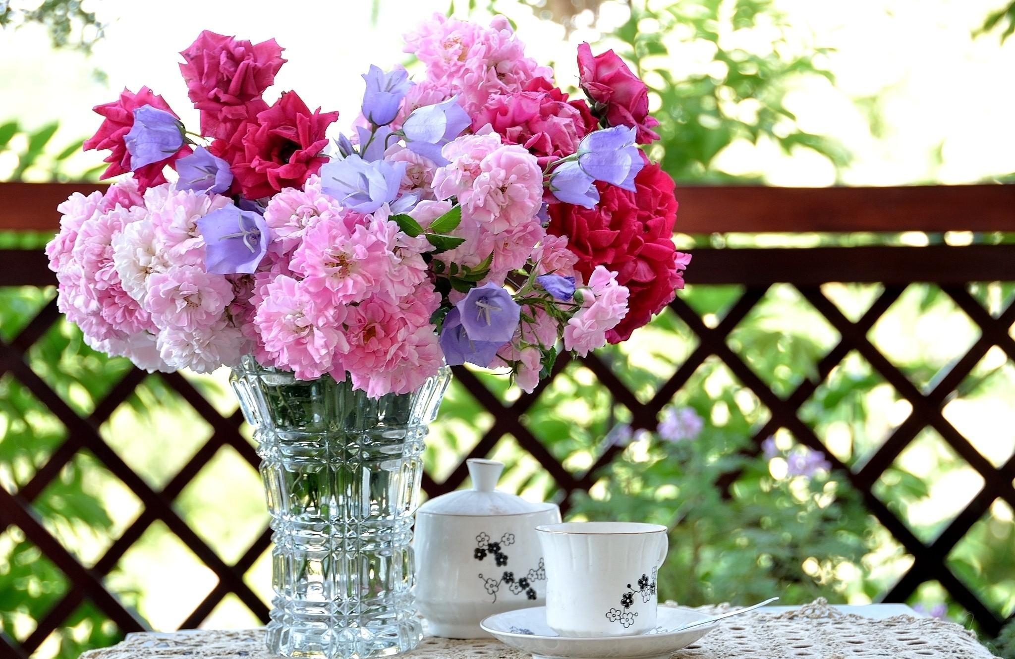 table, flowers, roses, bluebells, vase, tea set