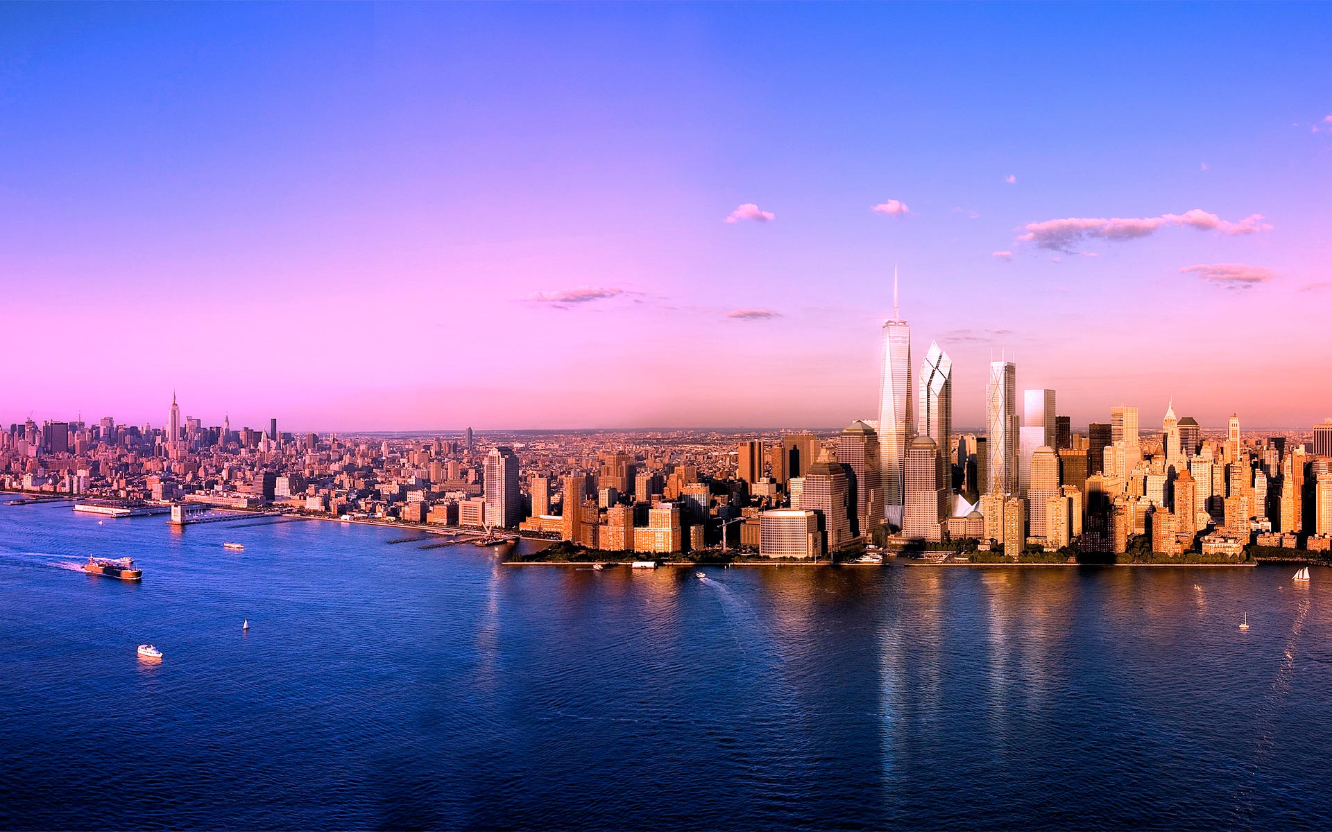 Скачать картинку Побережье, Нью Йорк, Манхэттен, Города, Сделано Человеком, Закат, Город в телефон бесплатно.