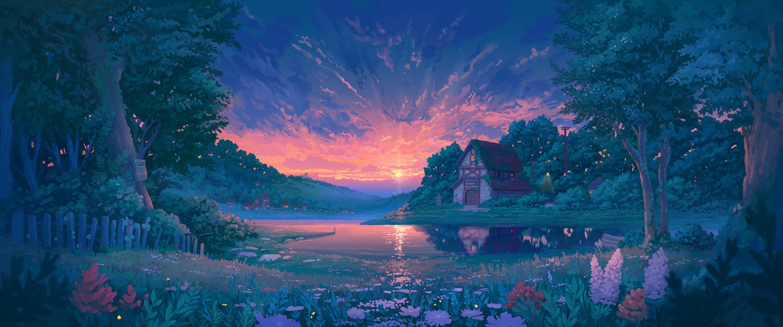 Free download wallpaper Anime, Sunset, Building, Lake, Original on your PC desktop