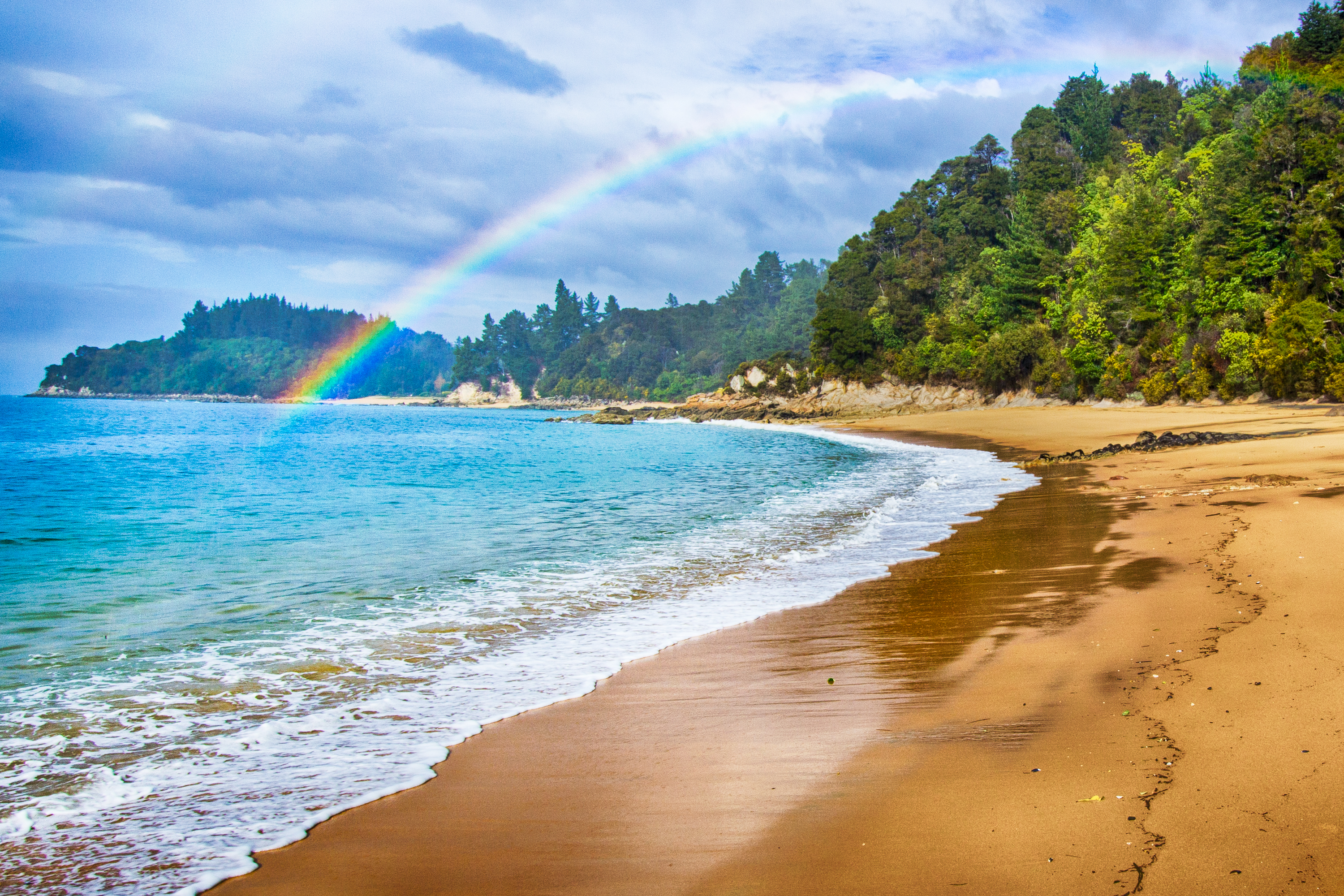 Free download wallpaper Nature, Beach, Sand, Rainbow, New Zealand, Earth, Coastline on your PC desktop