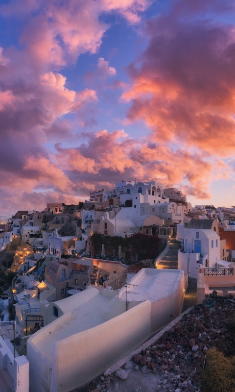 Handy-Wallpaper Städte, Haus, Dorf, Wolke, Griechenland, Santorin, Sonnenuntergang, Menschengemacht kostenlos herunterladen.