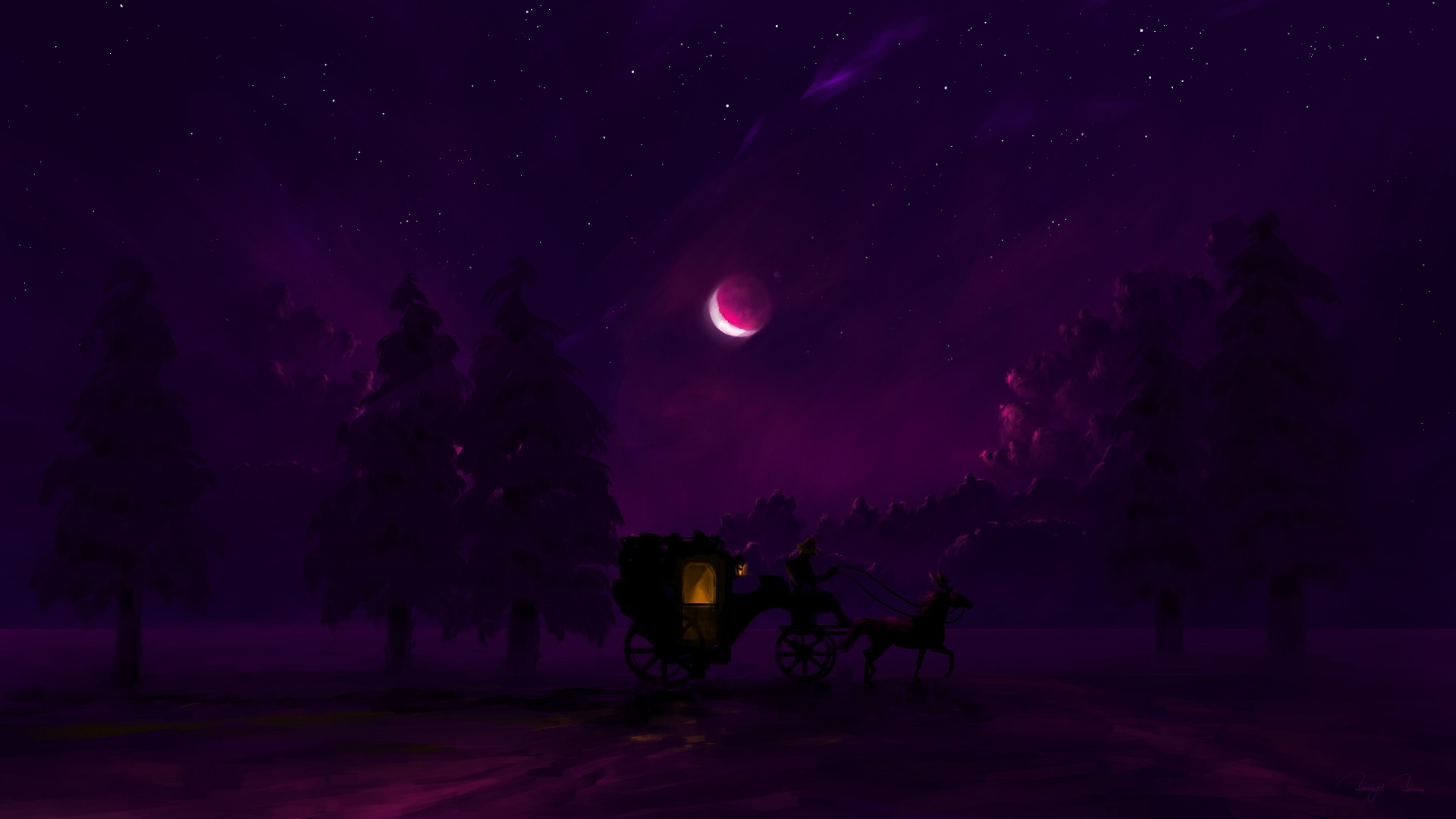 artistic, night, carriage, forest, horse, moon, winter