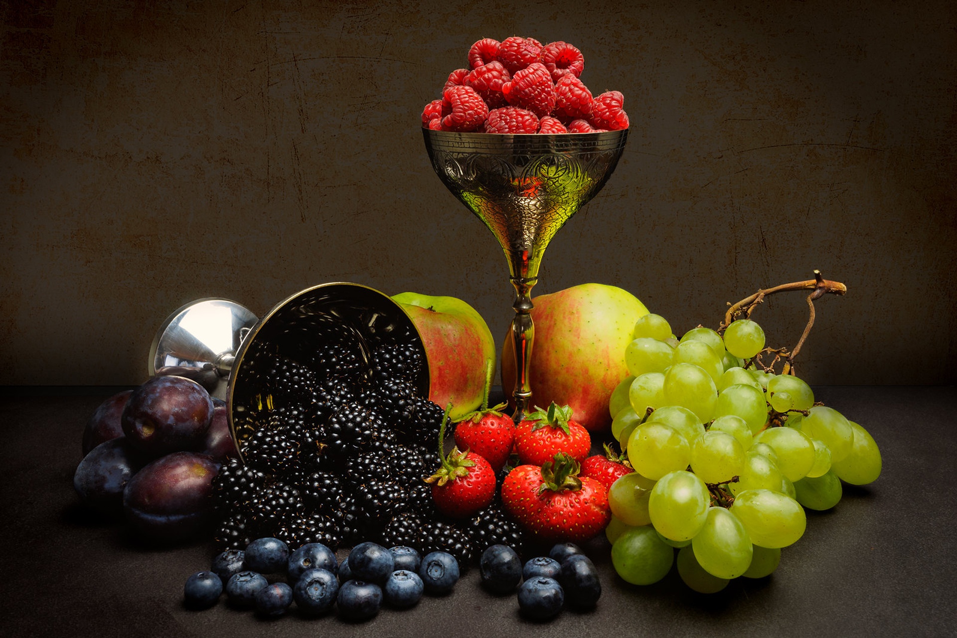 still life, food, fruit, apple, berry, blackberry, blueberry, grapes, plum, raspberry, strawberry, fruits