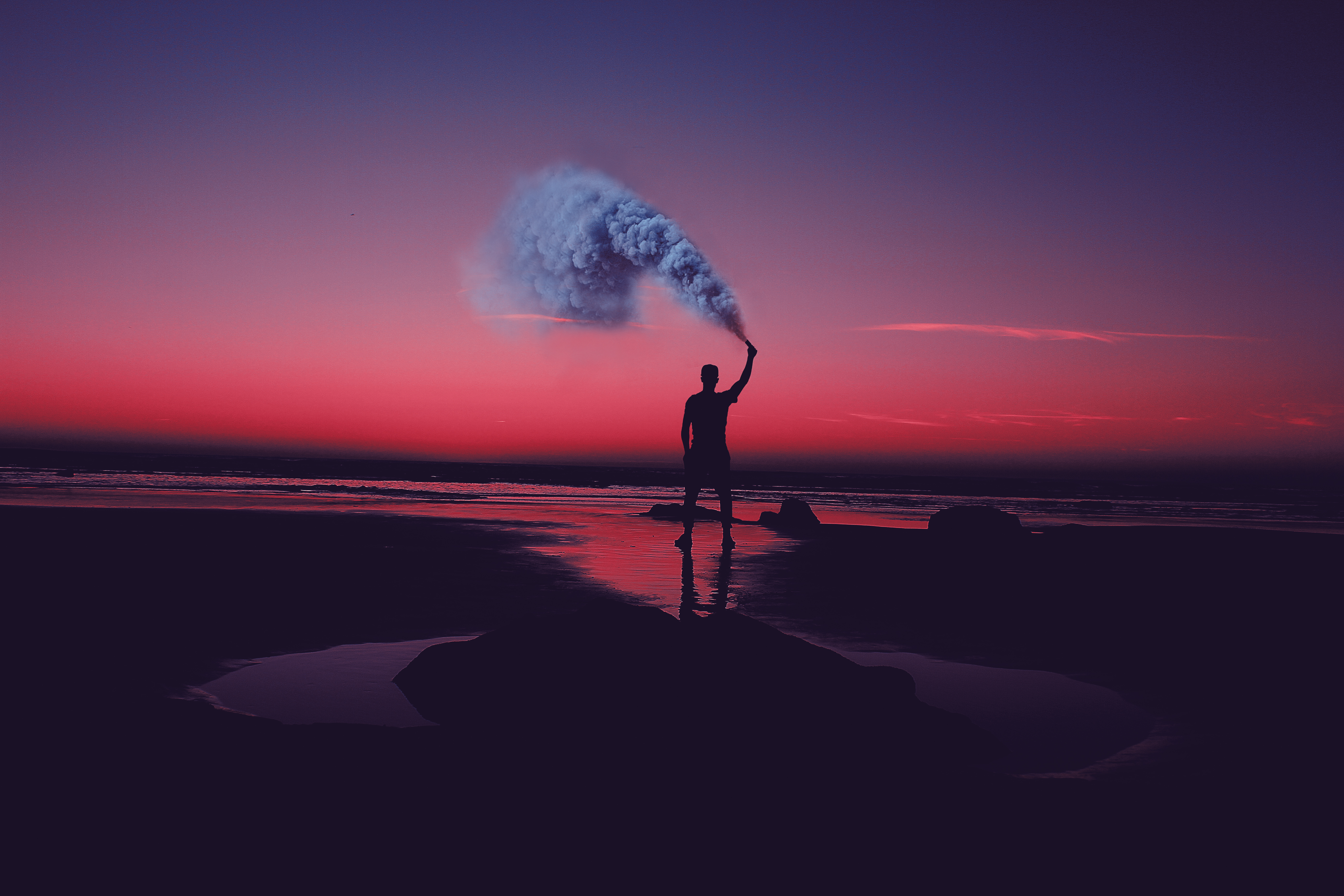 sunset, colored smoke, person, dark, shore, bank, human, coloured smoke