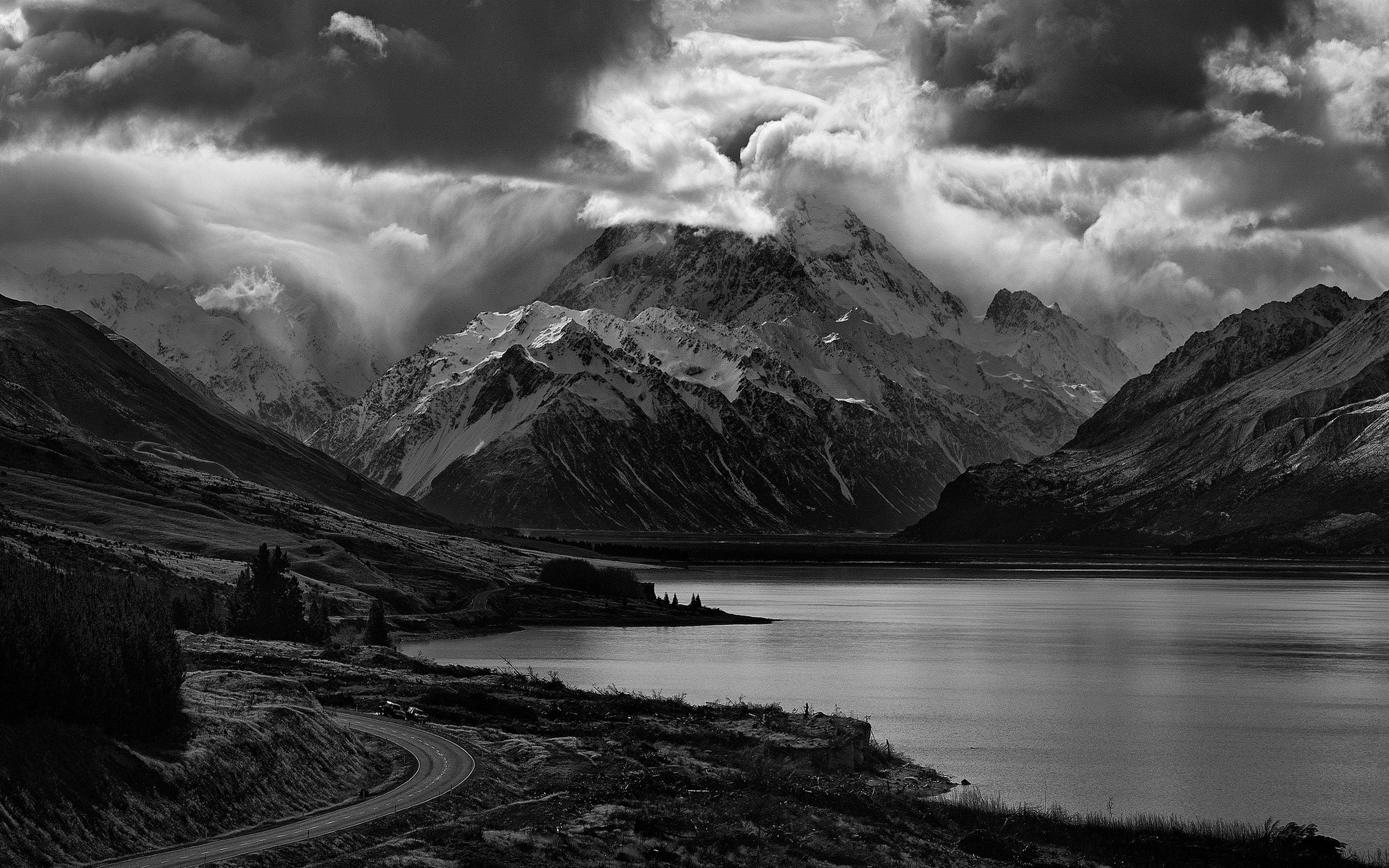 Download mobile wallpaper Landscape, Nature, Mountain, Lake, Earth, Cloud, Black & White for free.