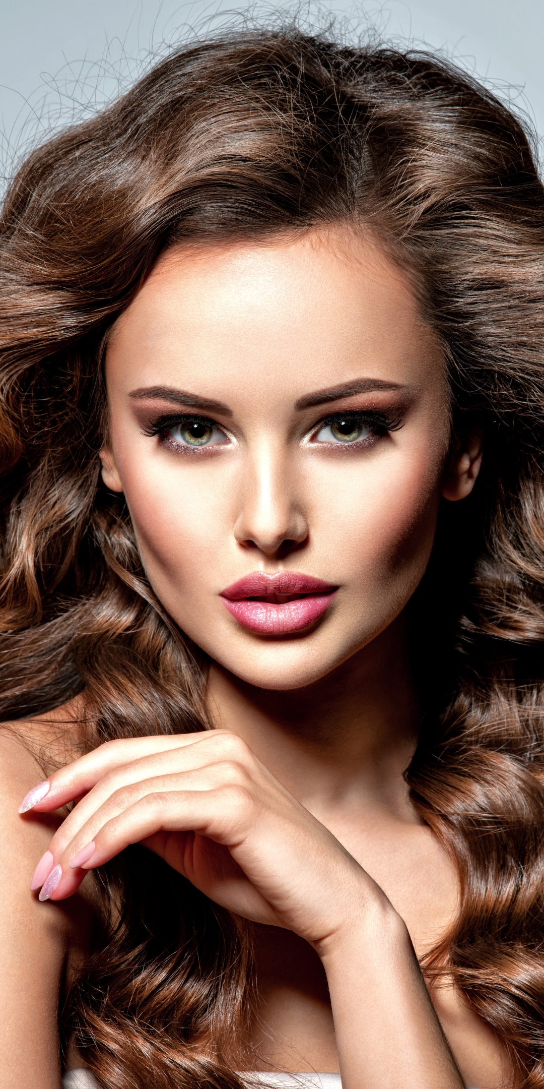 Download mobile wallpaper Face, Brunette, Model, Women, Blue Eyes, Long Hair, Lipstick, Stare for free.