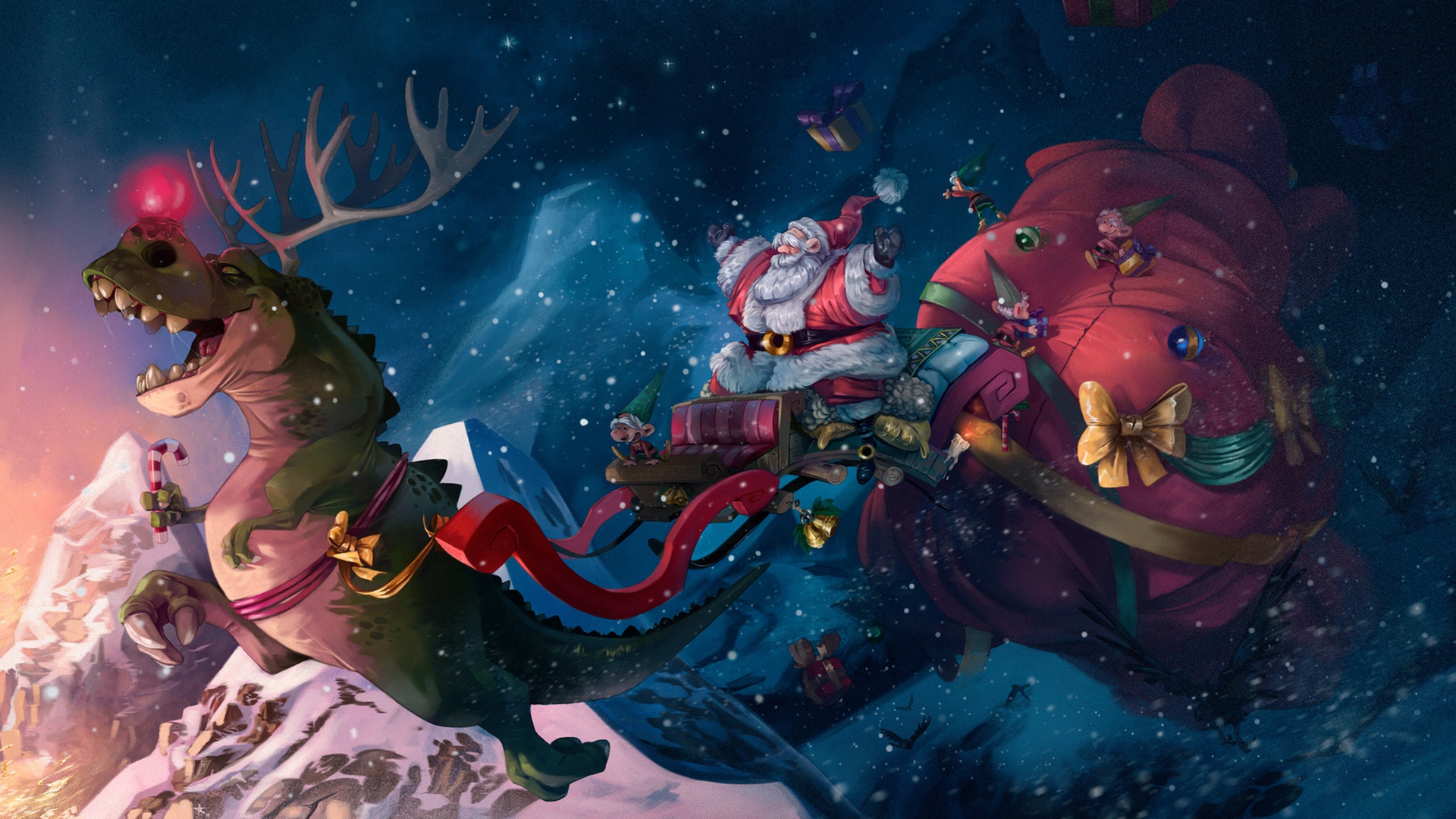 Скачать обои бесплатно Рождество, Динозавр, Праздничные, Тиранозавр Рекс, Санта картинка на рабочий стол ПК