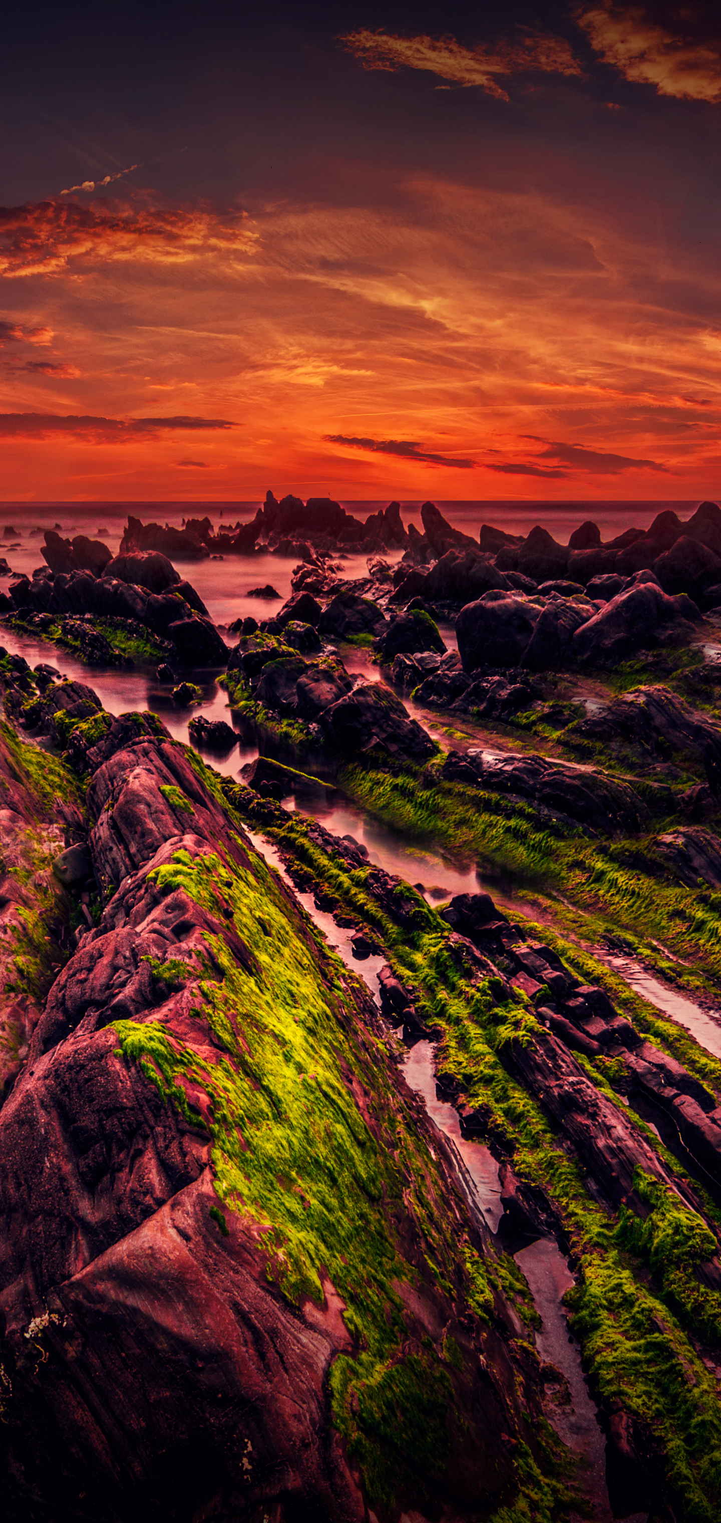 Download mobile wallpaper Nature, Sunset, Horizon, Ocean, Earth, Orange (Color), Seascape for free.