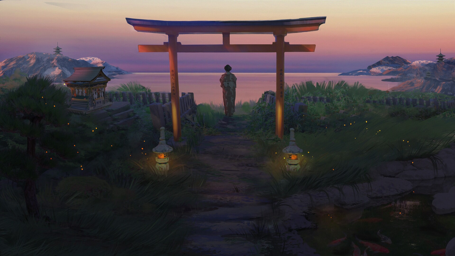Laden Sie das Kimono, Torii, Original, Meer, Himmel, Animes-Bild kostenlos auf Ihren PC-Desktop herunter