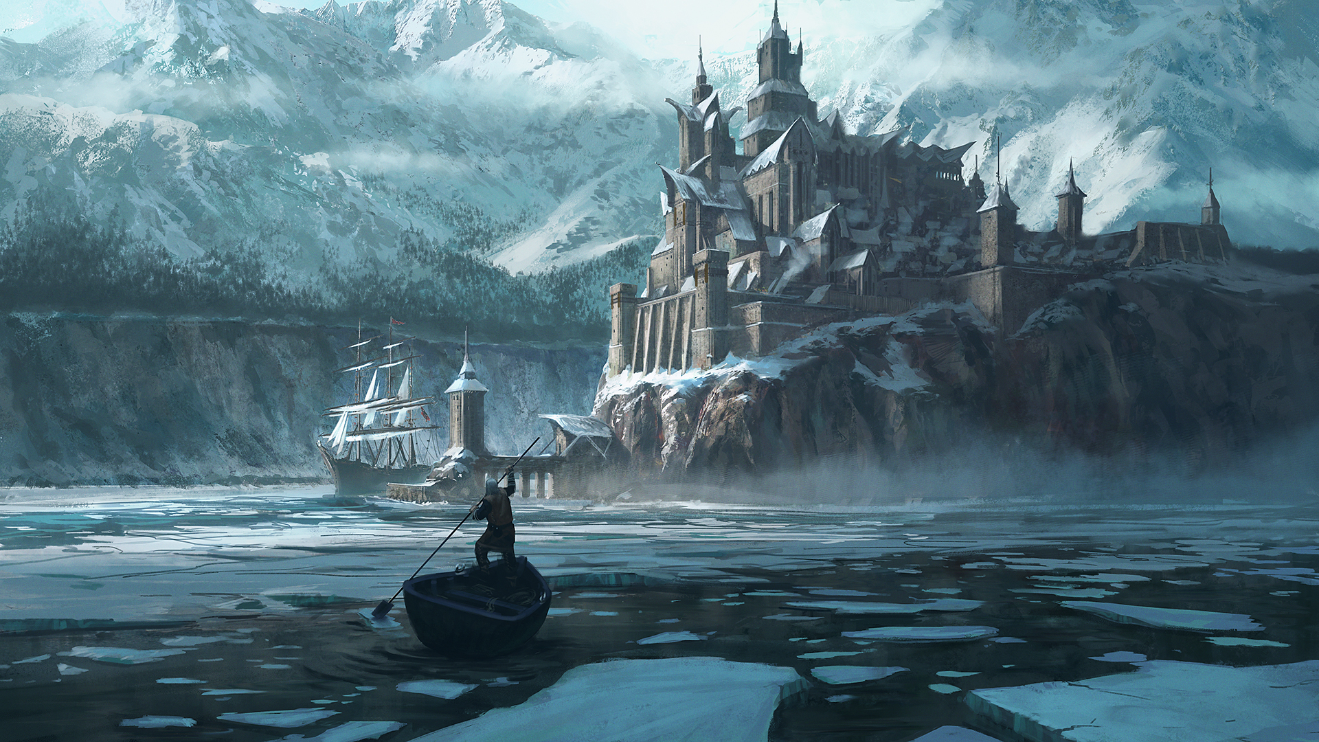 Free download wallpaper Winter, Water, Fantasy, Ice, Snow, City, Mountain, Boat on your PC desktop