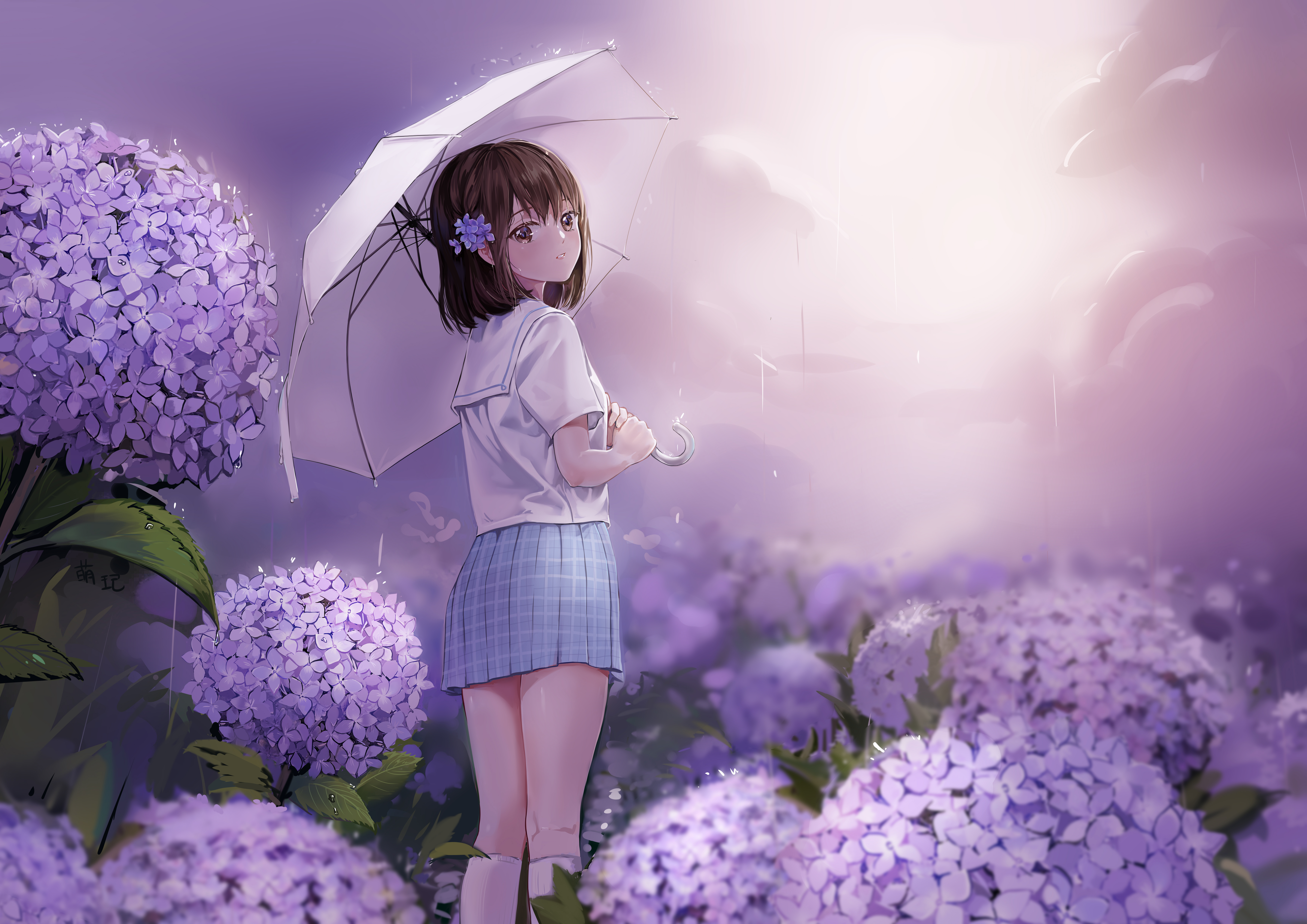 Laden Sie das Mädchen, Regenschirm, Hortensien, Lila Blume, Animes, Braune Haare, Lila Augen-Bild kostenlos auf Ihren PC-Desktop herunter