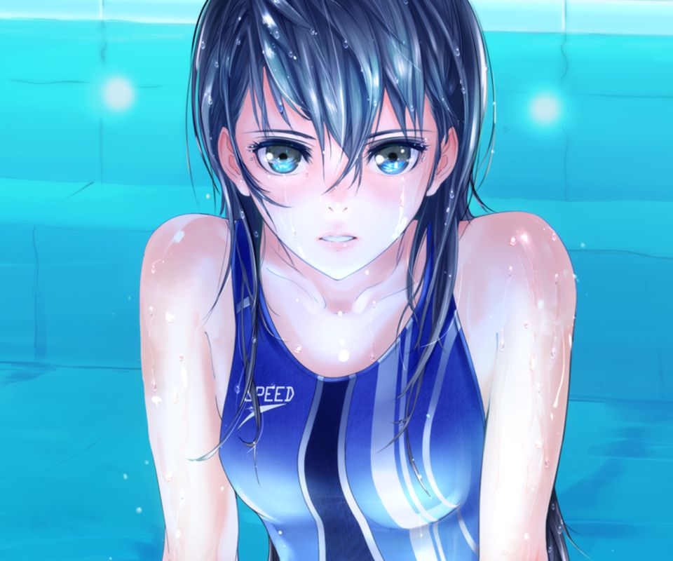 Laden Sie das Wasser, Schwimmbad, Original, Badeanzug, Blaue Haare, Animes, Schwimmbecken-Bild kostenlos auf Ihren PC-Desktop herunter